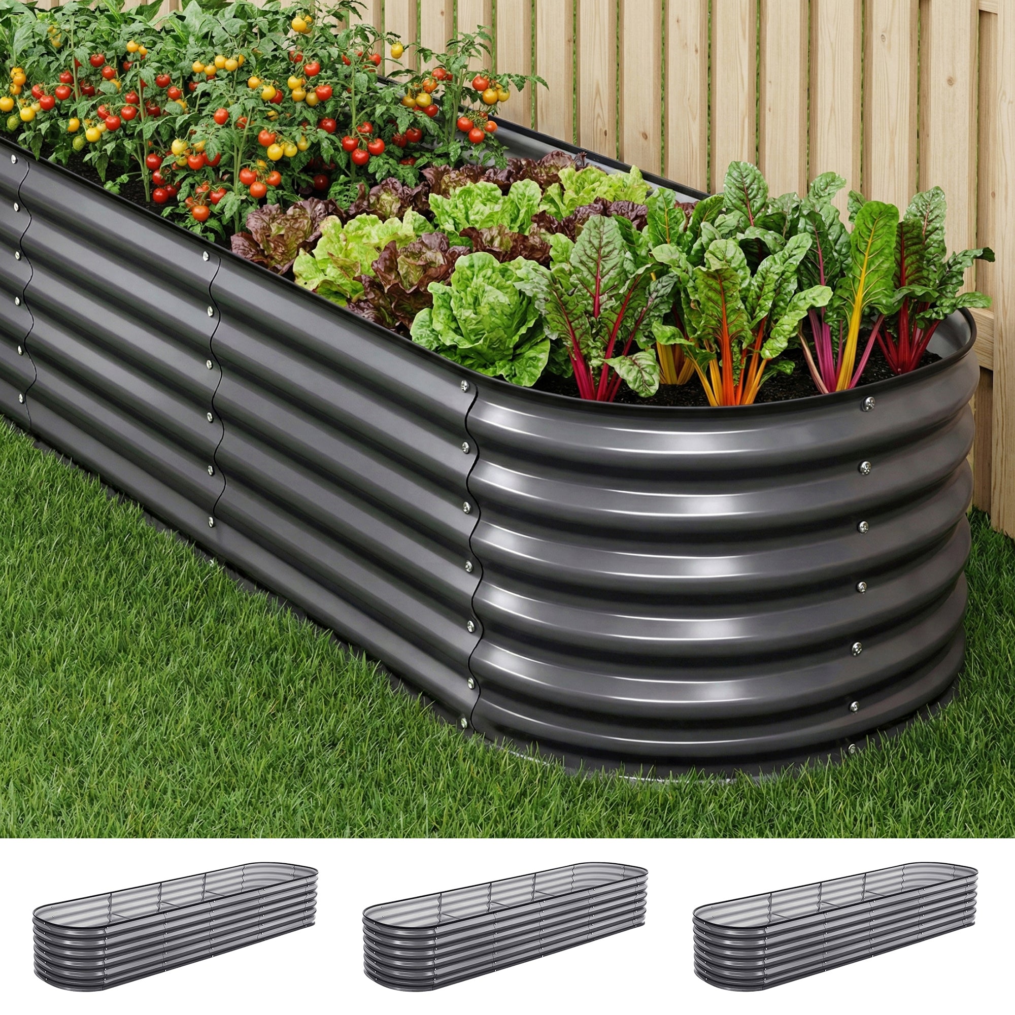 Green Fingers 3 Pcs Raised Garden Bed Kit Oval Galvanized Steel Planter Boxes 320x80x56cm, Heavy Duty Metal Elevated Garden Bed for Vegetables Flowers Herbs, with Safety Edging, Gloves &amp; Pegs Included-Home &amp; Garden > Garden Beds > Garden Beds &amp; Planters-PEROZ Accessories