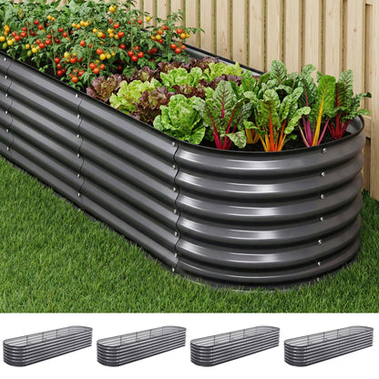 Green Fingers 4 Pcs Raised Garden Bed Kit Oval Galvanized Steel Planter Boxes 320x80x56cm, Heavy Duty Metal Elevated Garden Bed for Vegetables Flowers Herbs, with Safety Edging, Gloves &amp; Pegs Included-Home &amp; Garden > Garden Beds > Garden Beds &amp; Planters-PEROZ Accessories