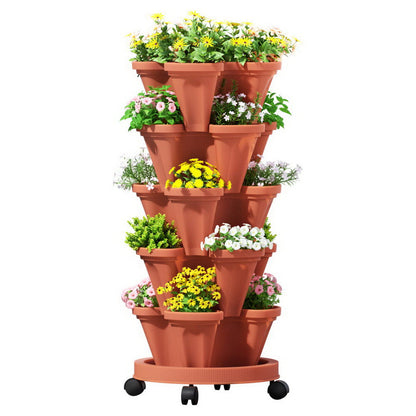 Green Fingers Raised Garden Bed 5 Tier Vertical Garden Brick Red Strawberry Stackable Planters Herbs Petunias-Home &amp; Garden &gt; Garden Beds &gt; Garden Beds &amp; Planters-PEROZ Accessories