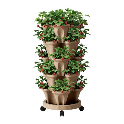 Green Fingers Garden Bed 5 Tier Vertical Garden Grey Strawberry Stackable Planters Herb Petunias Tan-Home &amp; Garden > Artificial Plants > Pots, Planters &amp; Accessories-PEROZ Accessories