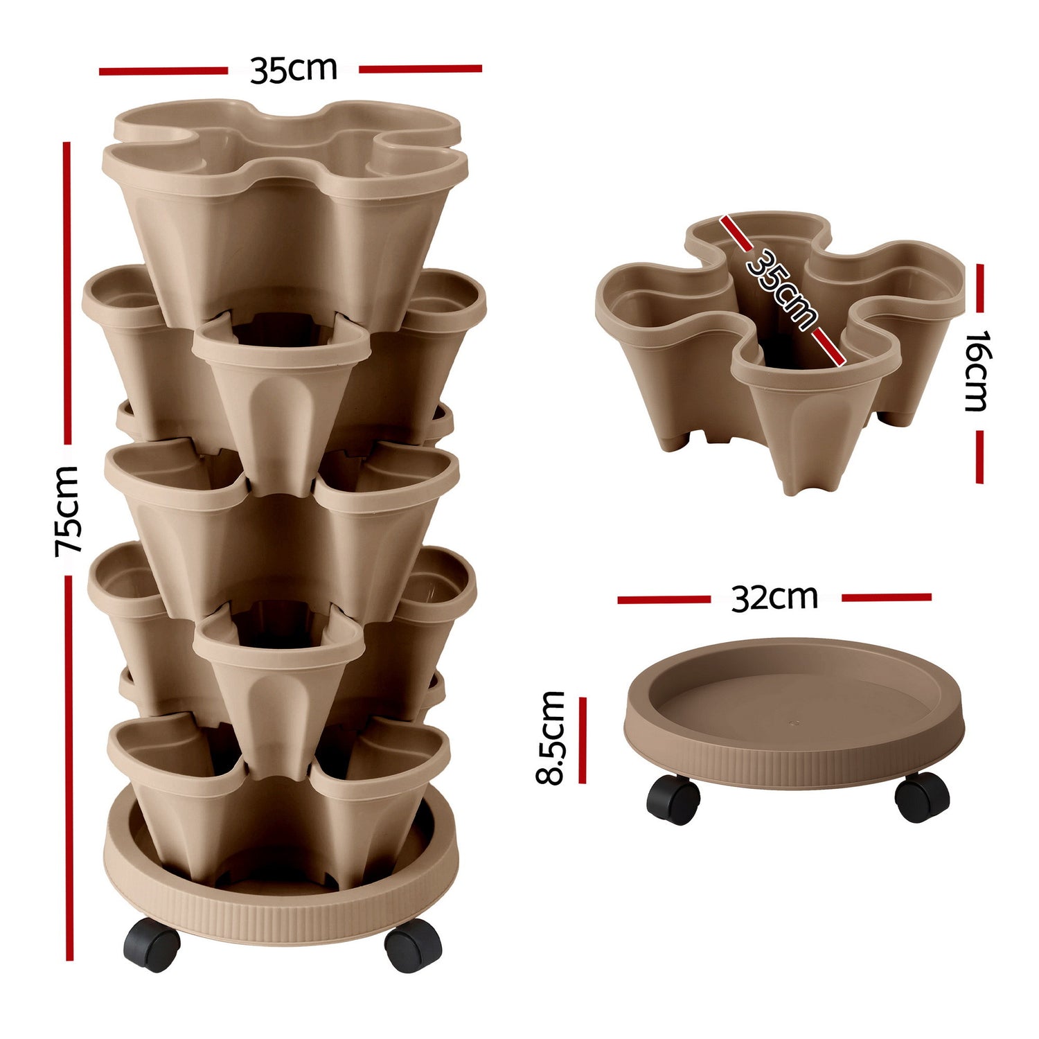Green Fingers Garden Bed 5 Tier Vertical Garden Grey Strawberry Stackable Planters Herb Petunias Tan-Home &amp; Garden > Artificial Plants > Pots, Planters &amp; Accessories-PEROZ Accessories