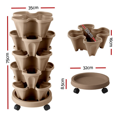 Green Fingers Garden Bed 5 Tier Vertical Garden Grey Strawberry Stackable Planters Herb Petunias Tan-Home &amp; Garden > Artificial Plants > Pots, Planters &amp; Accessories-PEROZ Accessories