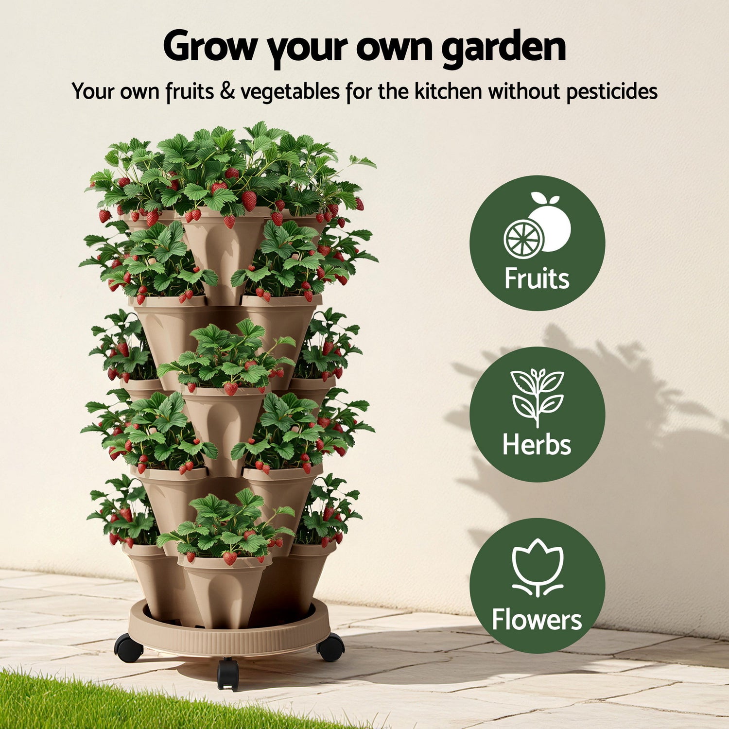 Green Fingers Garden Bed 5 Tier Vertical Garden Grey Strawberry Stackable Planters Herb Petunias Tan-Home &amp; Garden > Artificial Plants > Pots, Planters &amp; Accessories-PEROZ Accessories