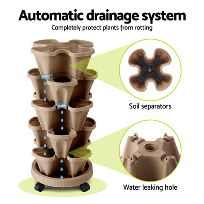 Green Fingers Garden Bed 5 Tier Vertical Garden Grey Strawberry Stackable Planters Herb Petunias Tan-Home &amp; Garden > Artificial Plants > Pots, Planters &amp; Accessories-PEROZ Accessories