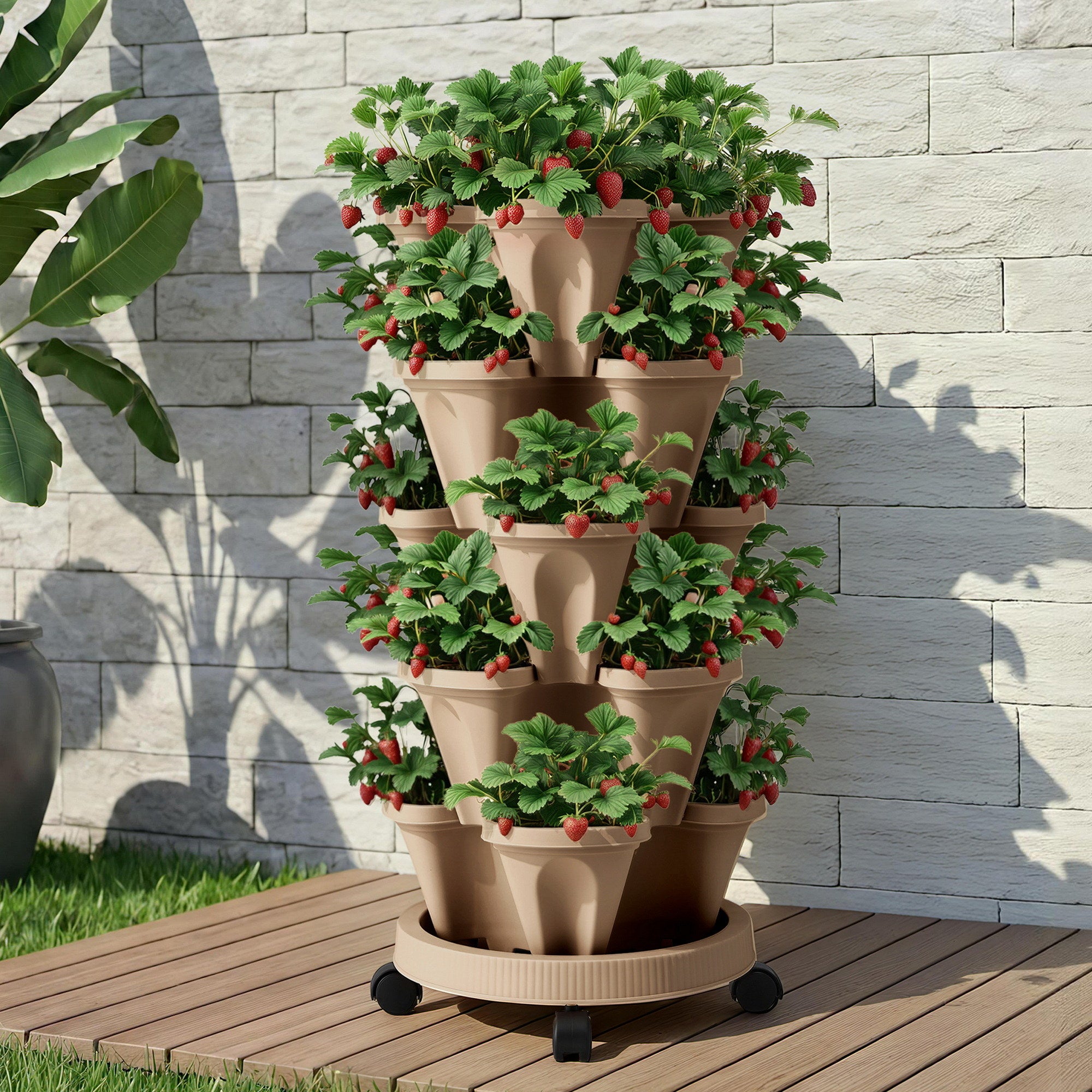 Green Fingers Garden Bed 5 Tier Vertical Garden Grey Strawberry Stackable Planters Herb Petunias Tan-Home &amp; Garden > Artificial Plants > Pots, Planters &amp; Accessories-PEROZ Accessories