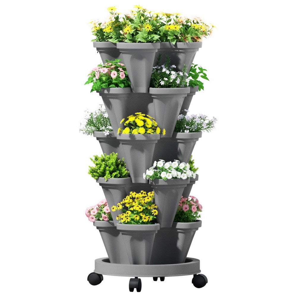 Green Fingers Raised Garden Bed 5 Tier Vertical Garden Grey Strawberry Stackable Planters Herbs Petunias-Home &amp; Garden > Garden Beds > Garden Beds &amp; Planters-PEROZ Accessories
