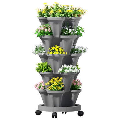 Green Fingers Raised Garden Bed 5 Tier Vertical Garden Grey Strawberry Stackable Planters Herbs Petunias-Home &amp; Garden > Garden Beds > Garden Beds &amp; Planters-PEROZ Accessories