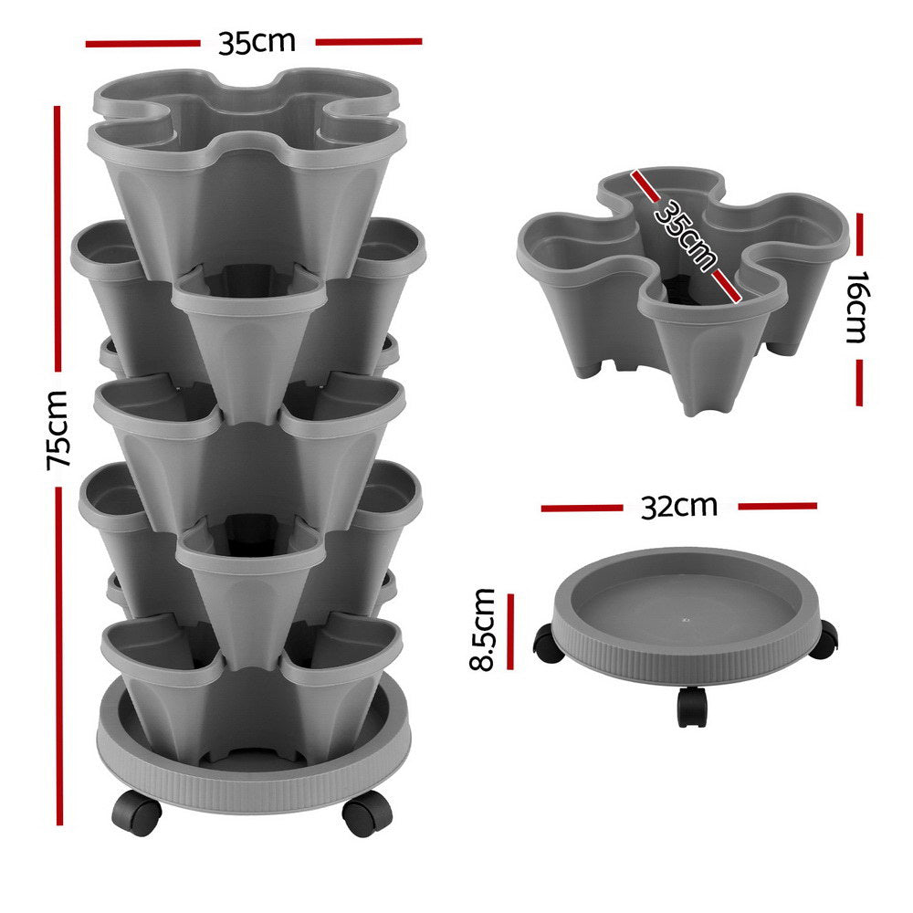 Green Fingers Raised Garden Bed 5 Tier Vertical Garden Grey Strawberry Stackable Planters Herbs Petunias-Home &amp; Garden > Garden Beds > Garden Beds &amp; Planters-PEROZ Accessories