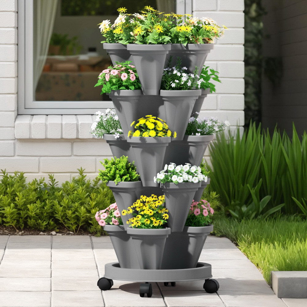 Green Fingers Raised Garden Bed 5 Tier Vertical Garden Grey Strawberry Stackable Planters Herbs Petunias-Home &amp; Garden > Garden Beds > Garden Beds &amp; Planters-PEROZ Accessories