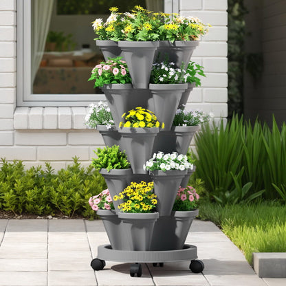 Green Fingers Raised Garden Bed 5 Tier Vertical Garden Grey Strawberry Stackable Planters Herbs Petunias-Home &amp; Garden > Garden Beds > Garden Beds &amp; Planters-PEROZ Accessories