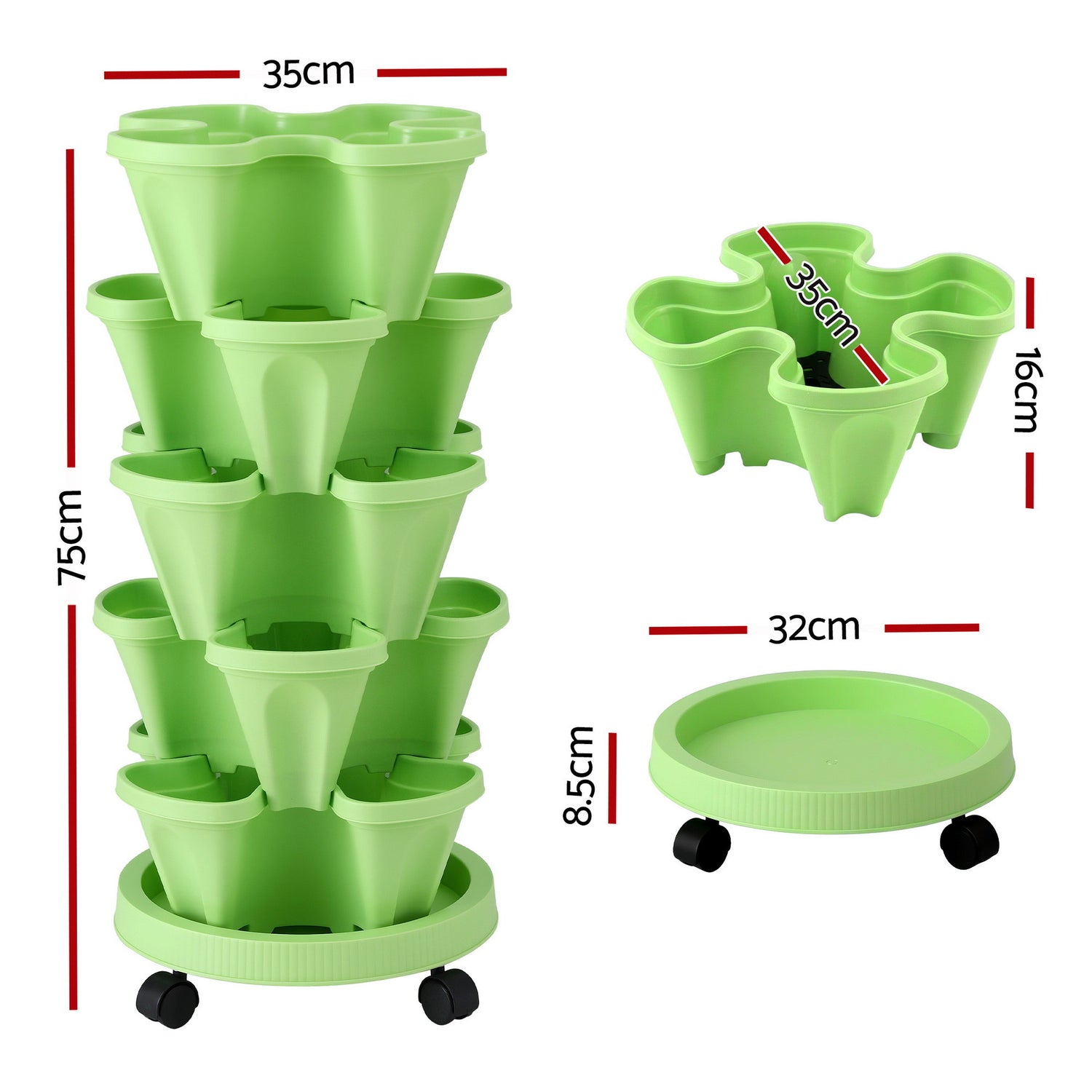 Green Fingers Garden Bed 5 Tier Vertical Garden Grey Strawberry Stackable Planters Herbs Light Green-Home &amp; Garden > Artificial Plants > Pots, Planters &amp; Accessories-PEROZ Accessories