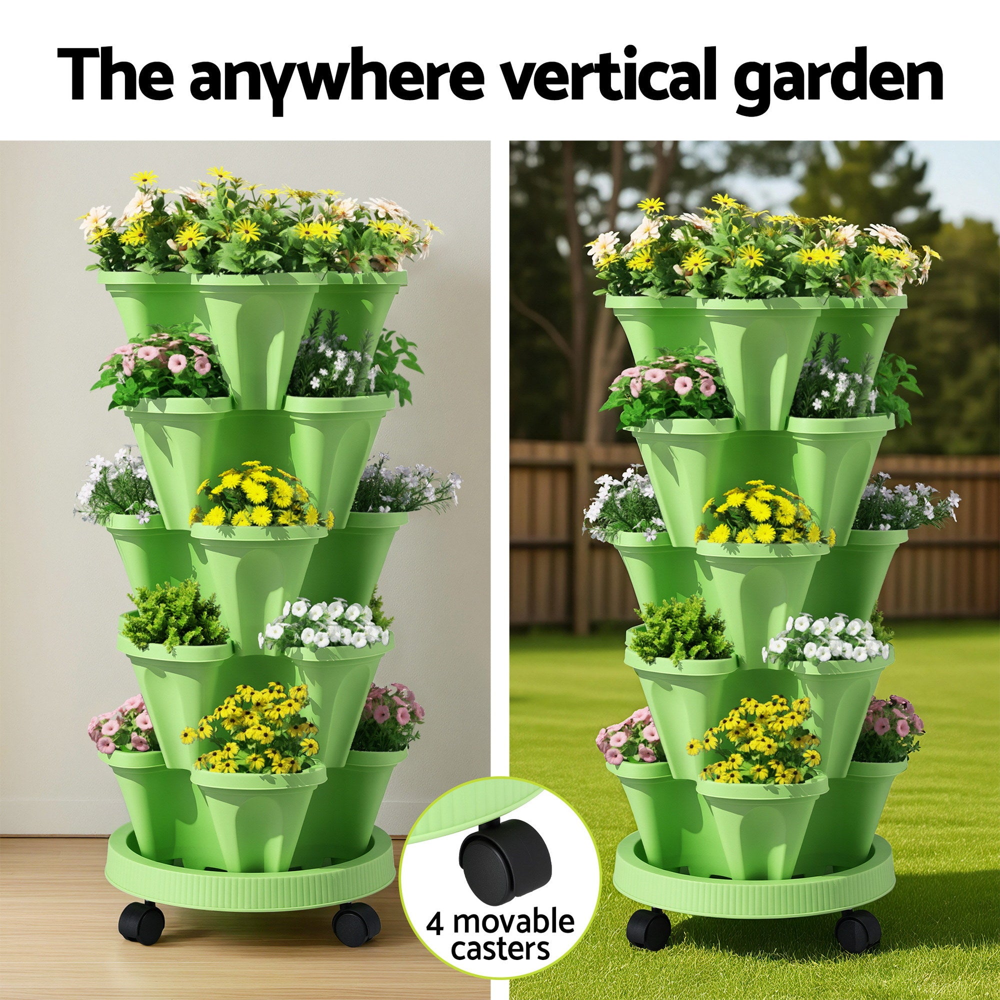 Green Fingers Garden Bed 5 Tier Vertical Garden Grey Strawberry Stackable Planters Herbs Light Green-Home &amp; Garden > Artificial Plants > Pots, Planters &amp; Accessories-PEROZ Accessories