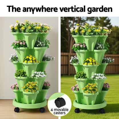 Green Fingers Garden Bed 5 Tier Vertical Garden Grey Strawberry Stackable Planters Herbs Light Green-Home &amp; Garden > Artificial Plants > Pots, Planters &amp; Accessories-PEROZ Accessories