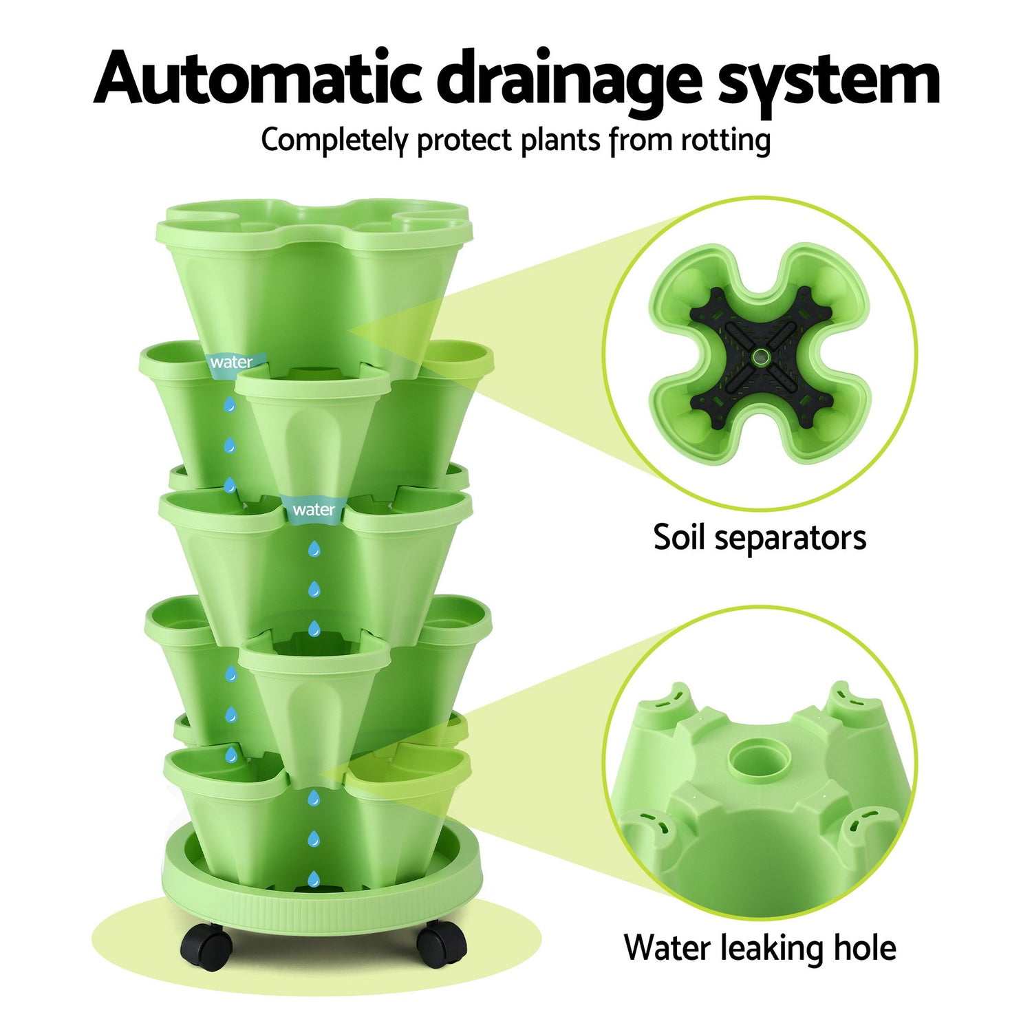 Green Fingers Garden Bed 5 Tier Vertical Garden Grey Strawberry Stackable Planters Herbs Light Green-Home &amp; Garden > Artificial Plants > Pots, Planters &amp; Accessories-PEROZ Accessories