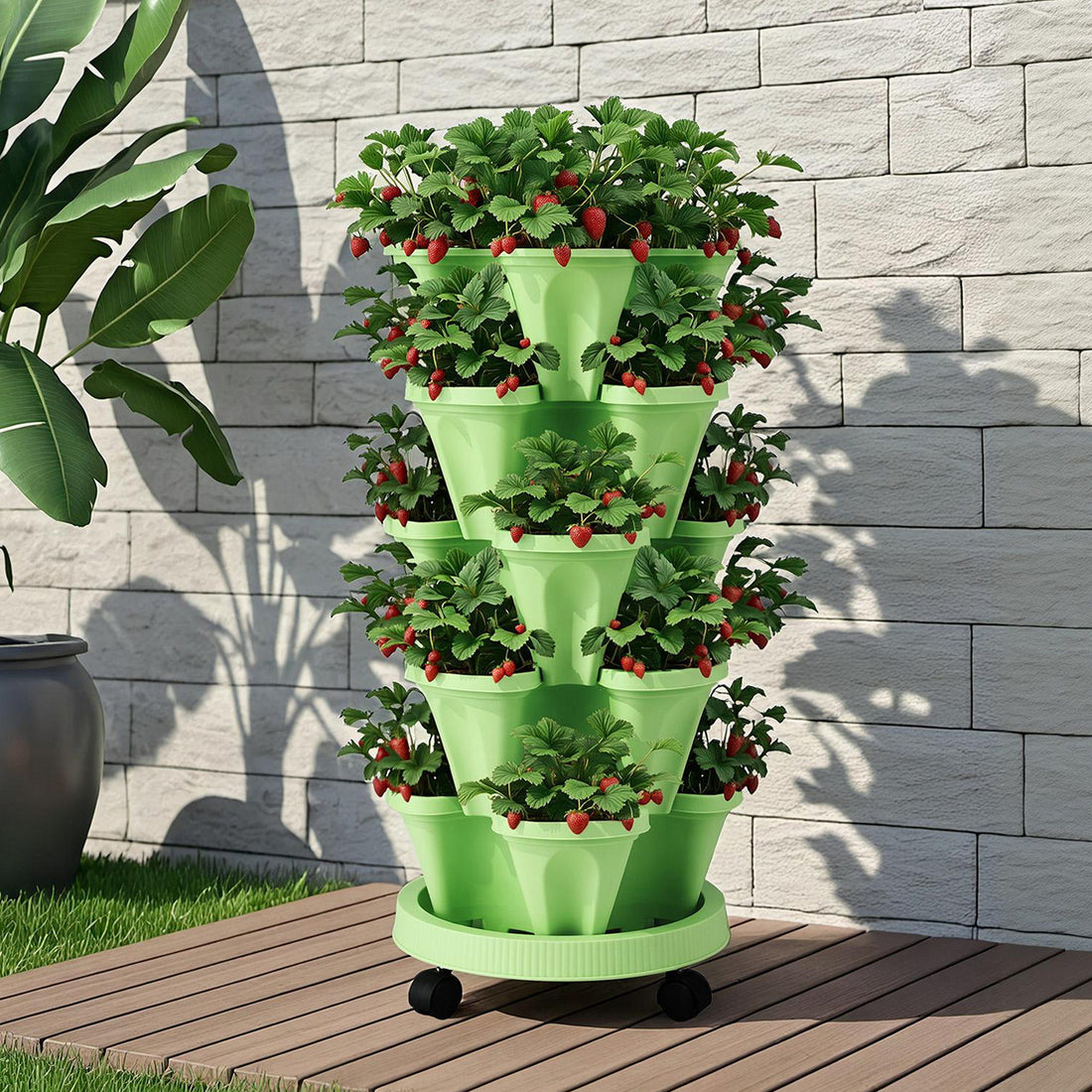 Green Fingers Garden Bed 5 Tier Vertical Garden Grey Strawberry Stackable Planters Herbs Light Green-Home &amp; Garden > Artificial Plants > Pots, Planters &amp; Accessories-PEROZ Accessories