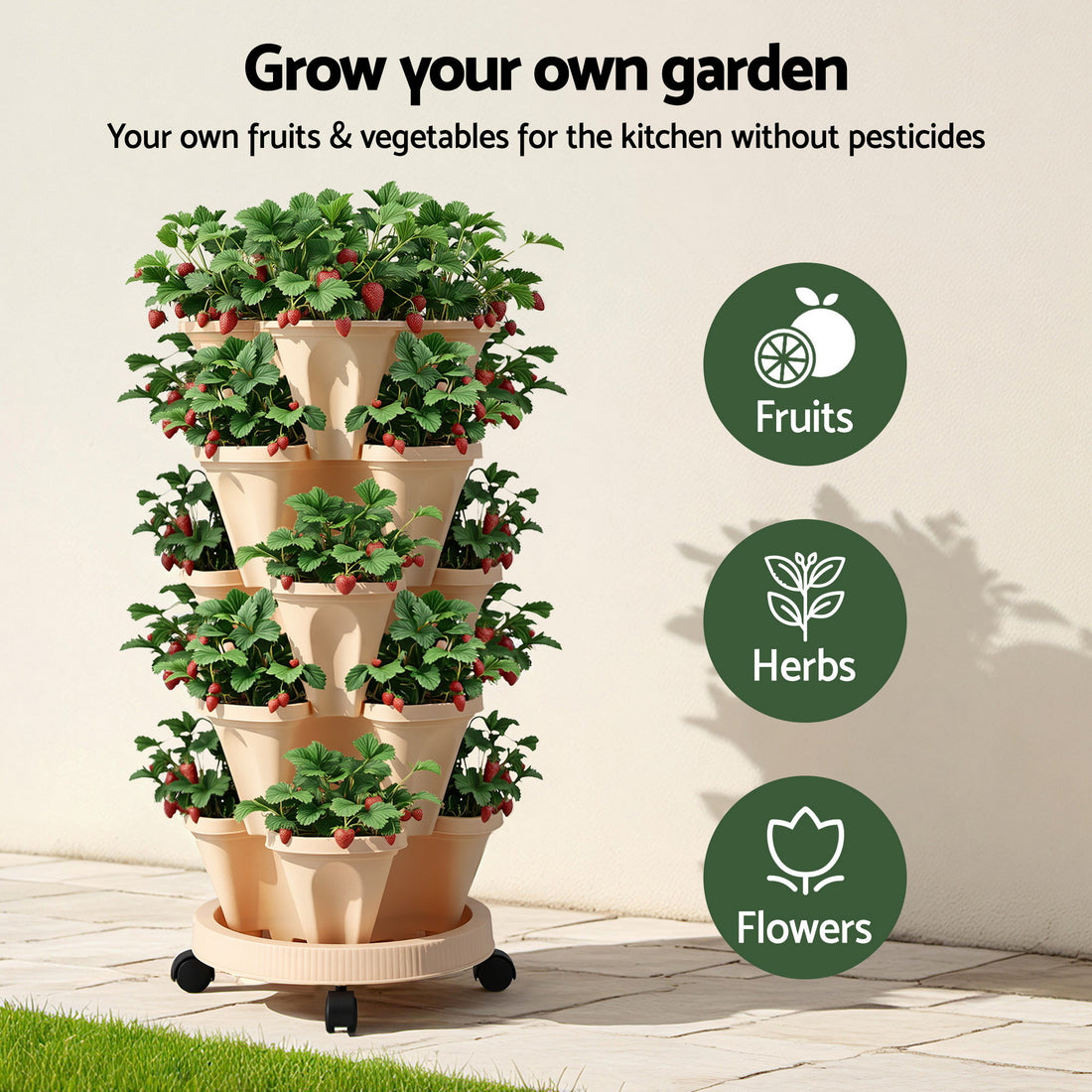 Green Fingers Garden Bed 5 Tier Vertical Garden Grey Strawberry Stackable Planters Herbs Beige-Home &amp; Garden > Artificial Plants > Pots, Planters &amp; Accessories-PEROZ Accessories