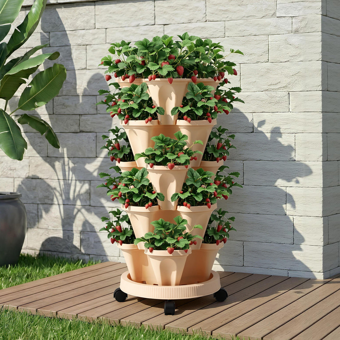 Green Fingers Garden Bed 5 Tier Vertical Garden Grey Strawberry Stackable Planters Herbs Beige-Home &amp; Garden > Artificial Plants > Pots, Planters &amp; Accessories-PEROZ Accessories