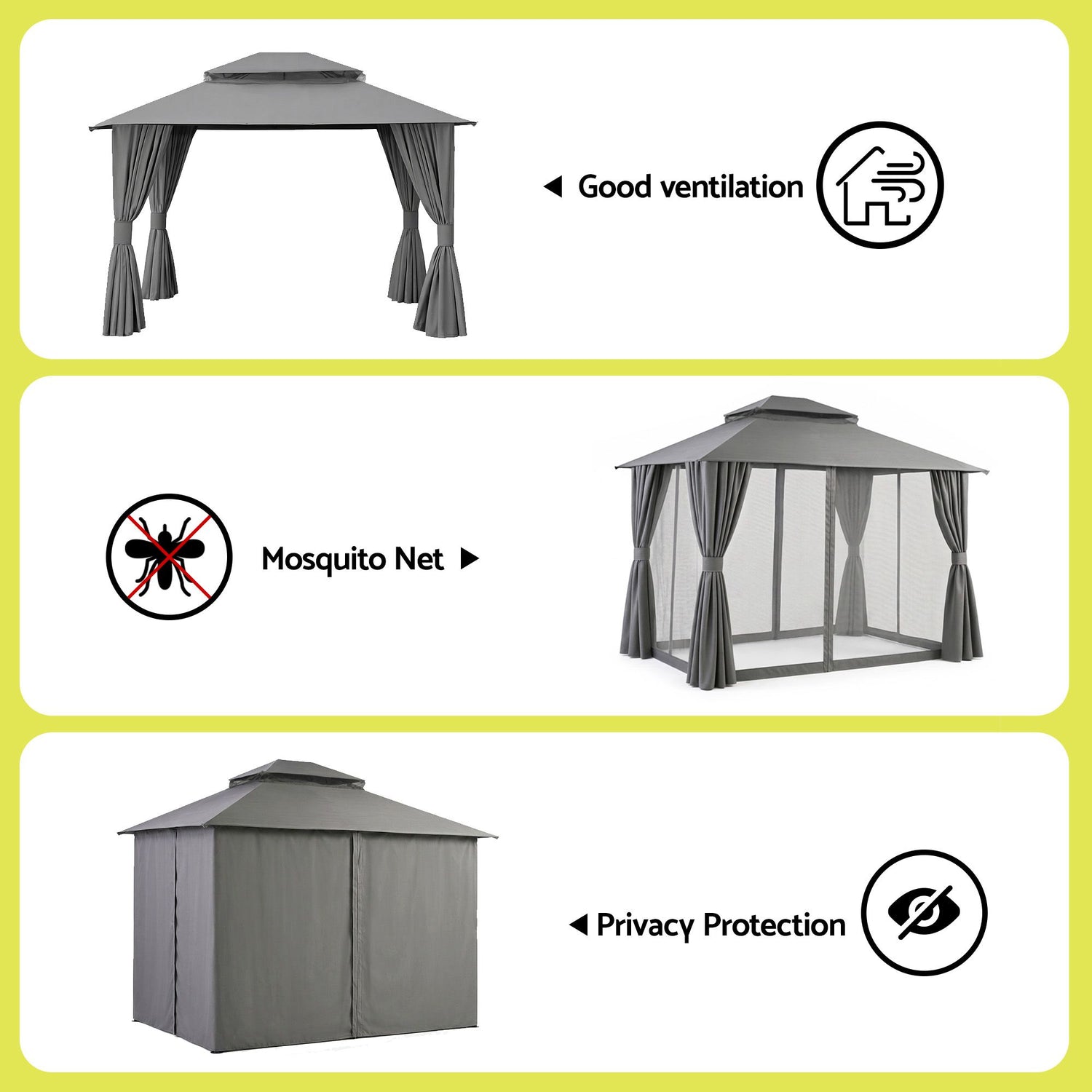 Instahut Gazebo 3x3m Canopy Outdoor Steel Frame Patio Tent Curtains Marquee Grey