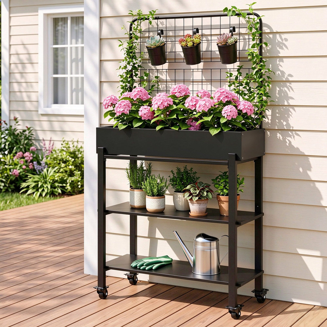 Green Fingers Mobile Raised Garden Bed with Trellis &amp; Shelves Dark Grey-Home &amp; Garden > Garden Beds > Garden Beds &amp; Planters-PEROZ Accessories