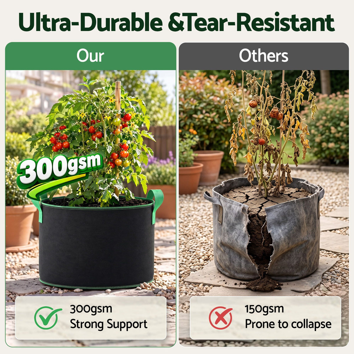 Green Fingers 15 Gallon Grow Bags 300gsm thick Aeration Fabric Pots 10 Pack-Home &amp; Garden > Garden Beds > Garden Beds &amp; Planters-PEROZ Accessories