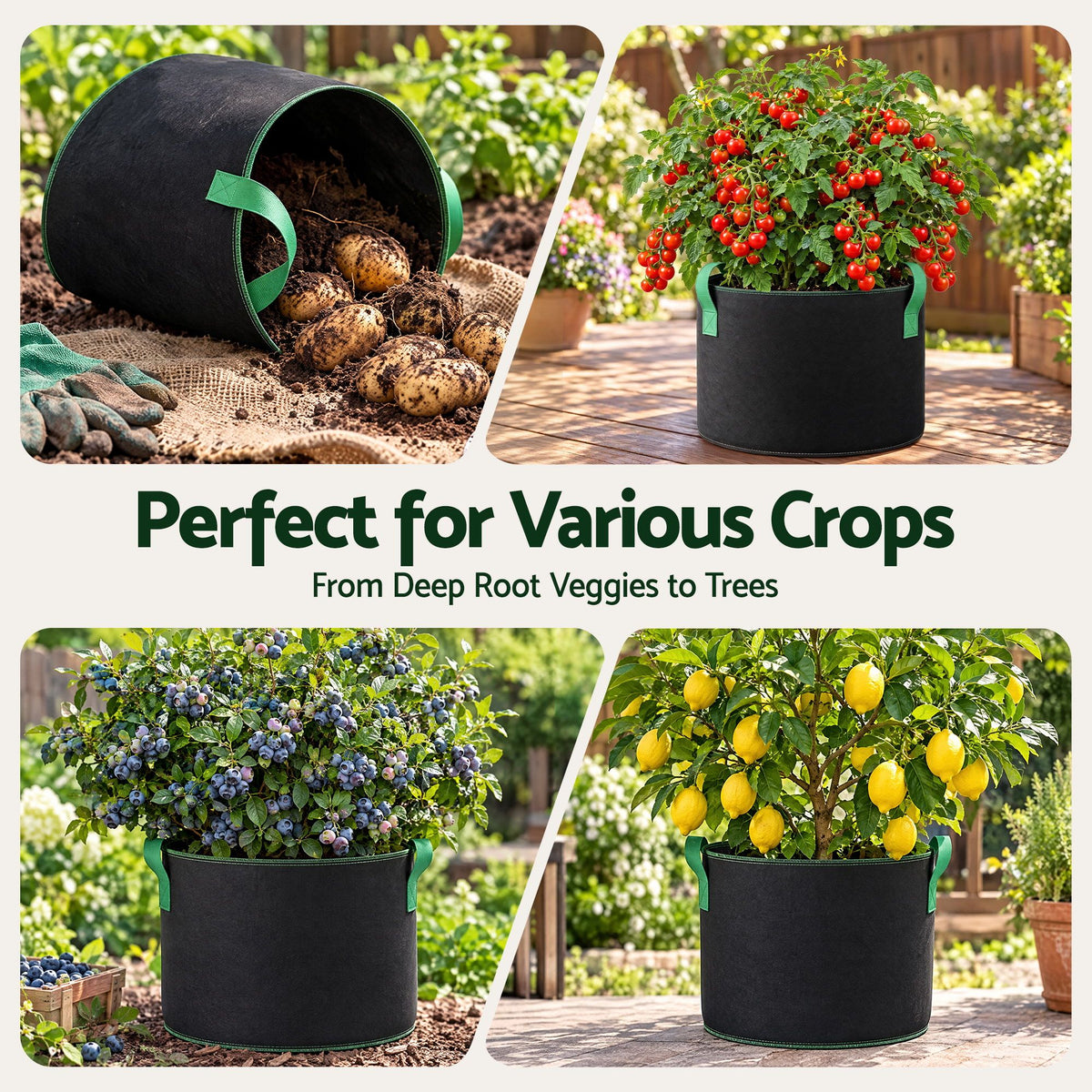 Green Fingers 15 Gallon Grow Bags 300gsm thick Aeration Fabric Pots 10 Pack-Home &amp; Garden > Garden Beds > Garden Beds &amp; Planters-PEROZ Accessories