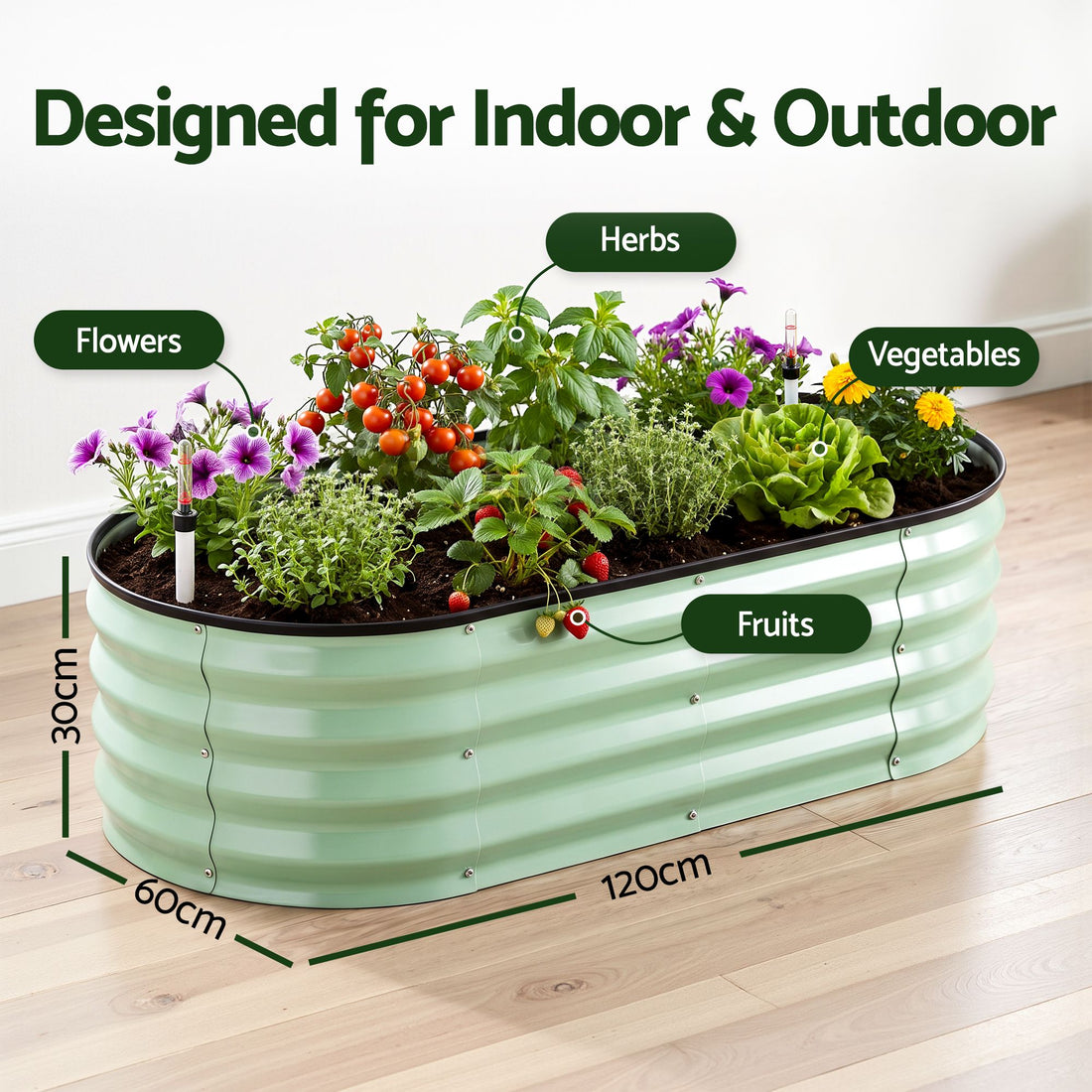 Green Fingers Self Watering Oval Garden Bed Galvanised for Balcony Deck 120x60x30cm-Home &amp; Garden > Garden Beds > Garden Beds &amp; Planters-PEROZ Accessories