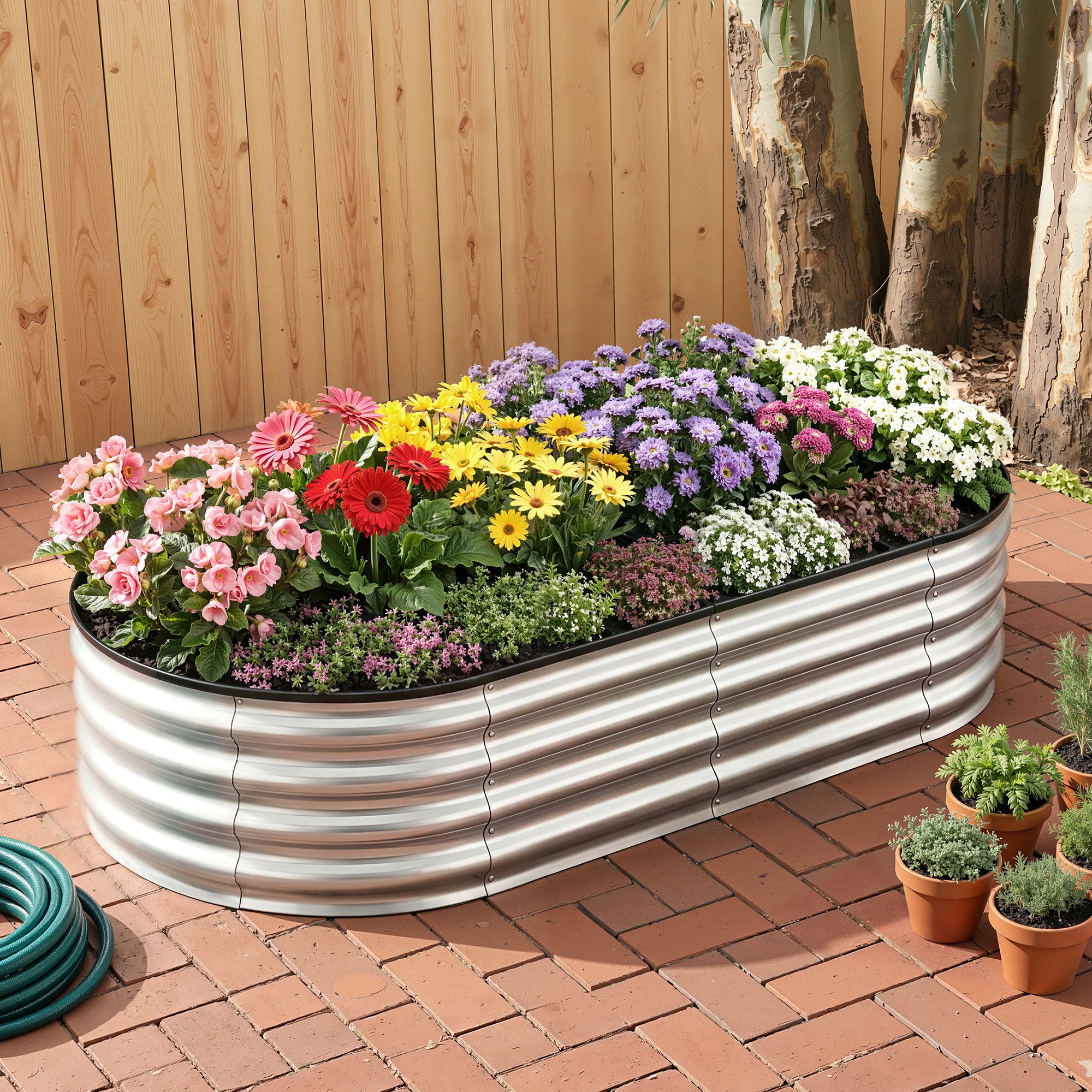 Green Fingers Raised Garden Bed Galvanised Oval Metal Planter Box Large Outdoor 150x70x30cm Silver-Home &amp; Garden > Garden Beds > Garden Beds &amp; Planters-PEROZ Accessories
