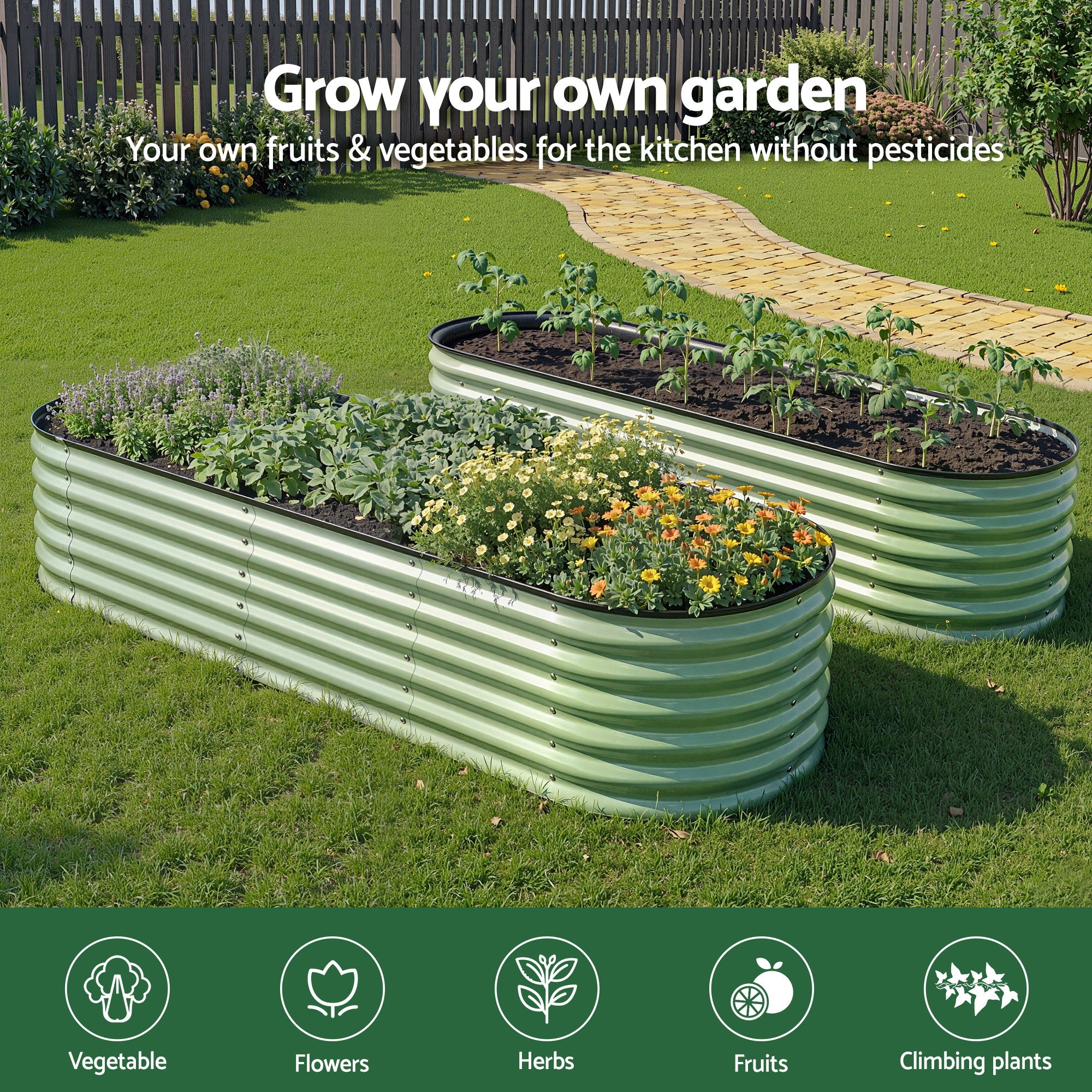 Green Fingers Oval Raised Garden Bed Galvanised Planter Box Rust Resistant 240x60x45cm Green-Home &amp; Garden > Garden Beds > Garden Beds &amp; Planters-PEROZ Accessories