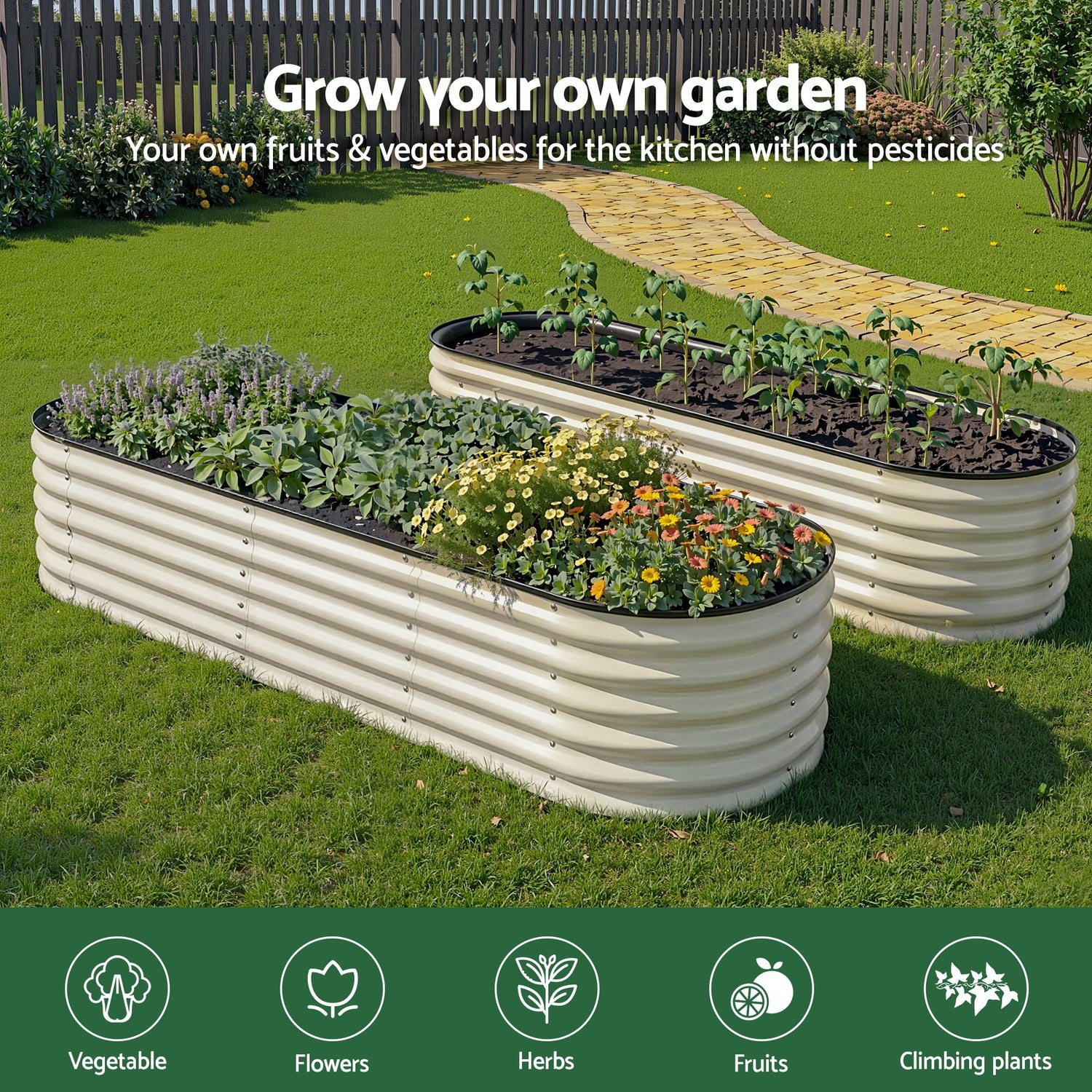 Green Fingers Oval Raised Garden Bed Galvanised Planter Box Rust Resistant 240x60x45cm White-Home &amp; Garden > Garden Beds > Garden Beds &amp; Planters-PEROZ Accessories