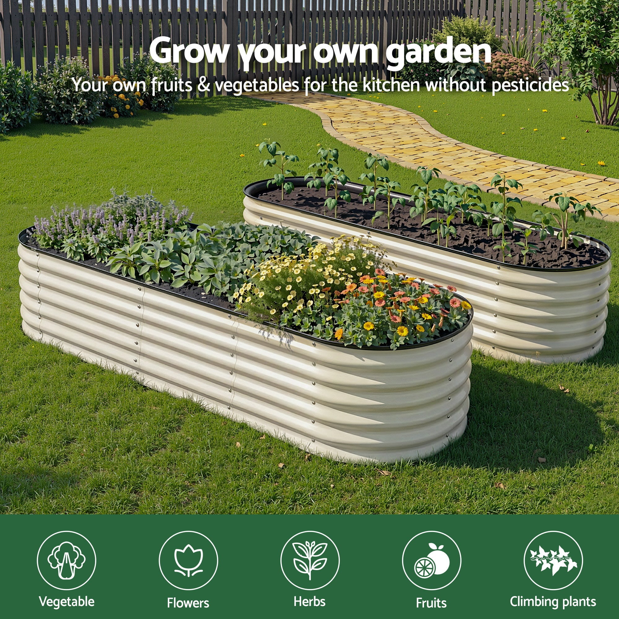 Green Fingers Oval Raised Garden Bed Galvanised Planter Box Rust Resistant 240x60x45cm White-Home &amp; Garden > Garden Beds > Garden Beds &amp; Planters-PEROZ Accessories