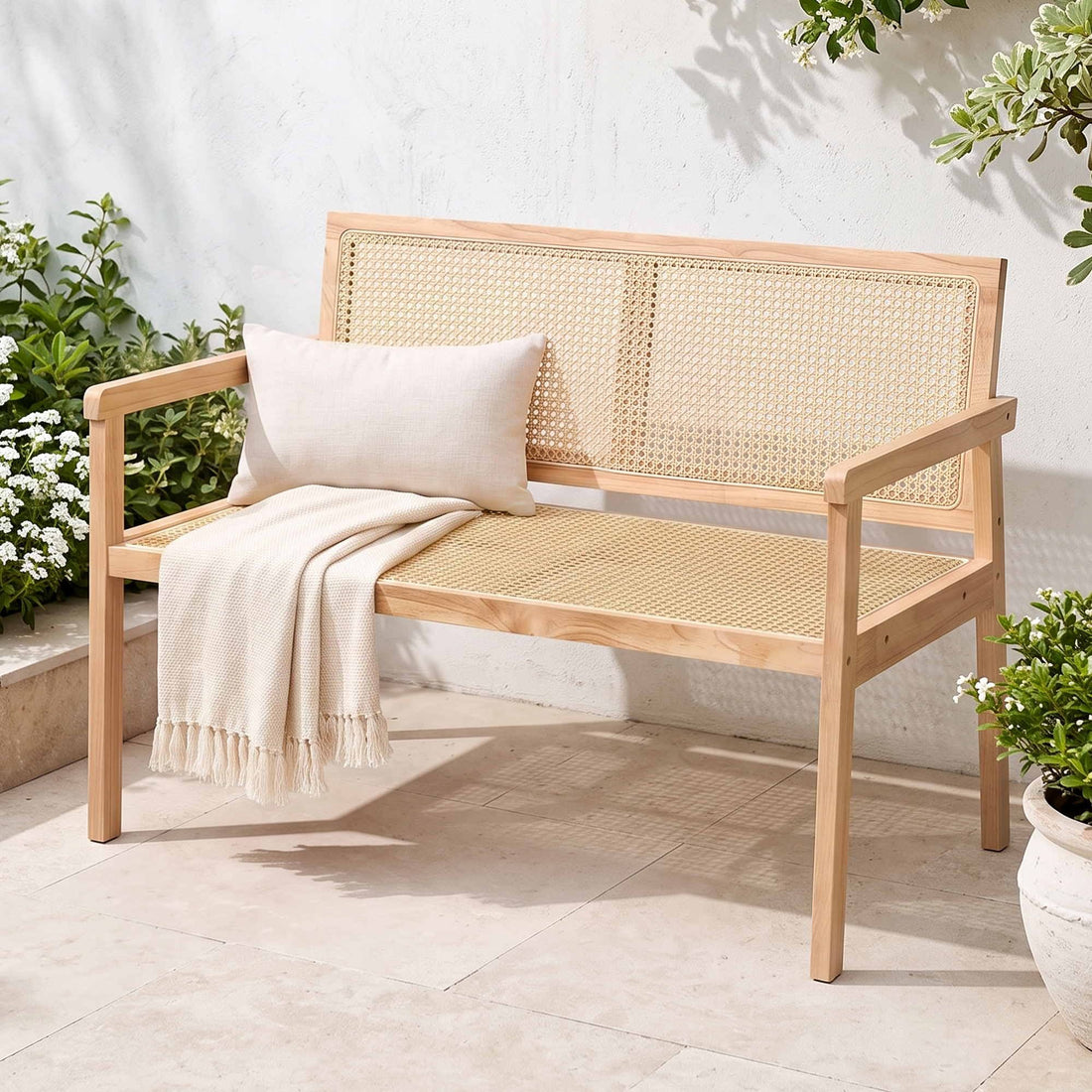 Gardeon Garden Bench Wooden Bench Outdoor PVC Woven Seat Backrest 107cm-Furniture > Outdoor > Outdoor Chairs-PEROZ Accessories
