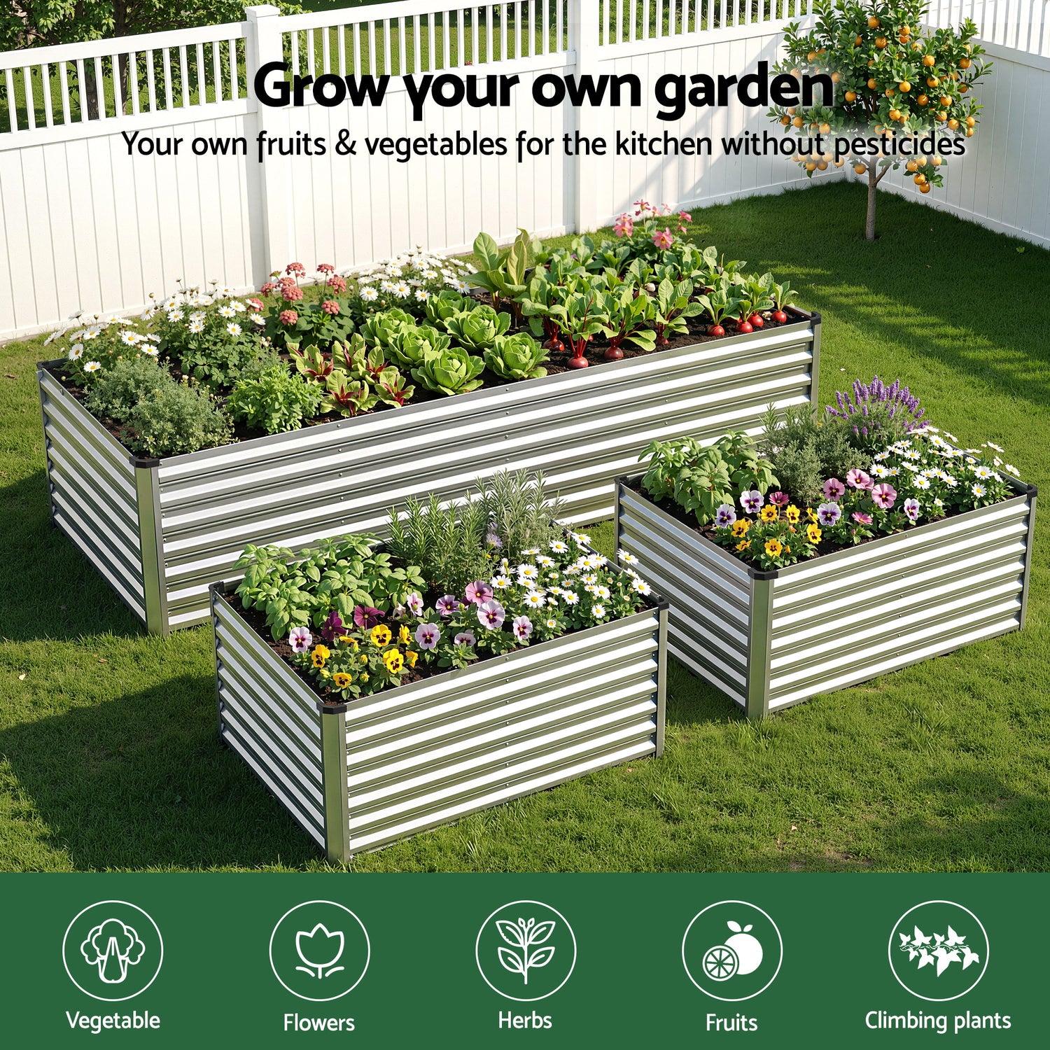 Green Fingers Raised Garden Bed 2 in 1 Modular Galvanised Planter Box Rust Resistant 240x80x60cm-Home &amp; Garden > Garden Beds > Garden Beds &amp; Planters-PEROZ Accessories