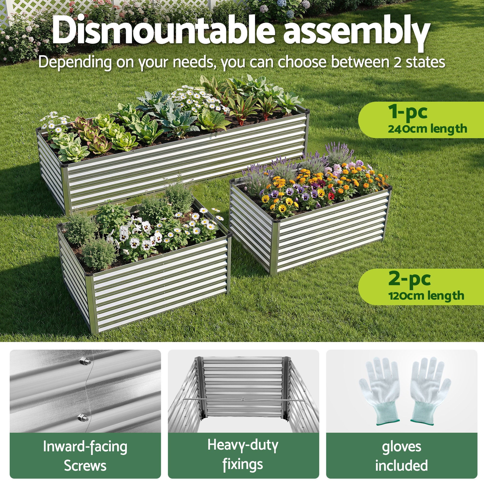 Green Fingers Raised Garden Bed 2 in 1 Modular Galvanised Planter Box Rust Resistant 240x80x60cm-Home &amp; Garden > Garden Beds > Garden Beds &amp; Planters-PEROZ Accessories