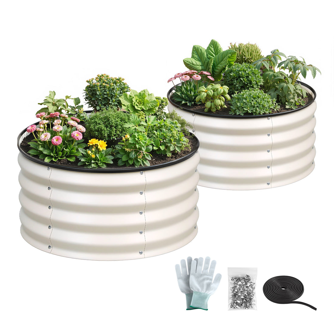 Green Fingers Round Raised Garden Bed 2 Pack Galvanised Planter Box Rust Resistant 60x60x30cm White-Home &amp; Garden > Garden Beds > Garden Beds &amp; Planters-PEROZ Accessories