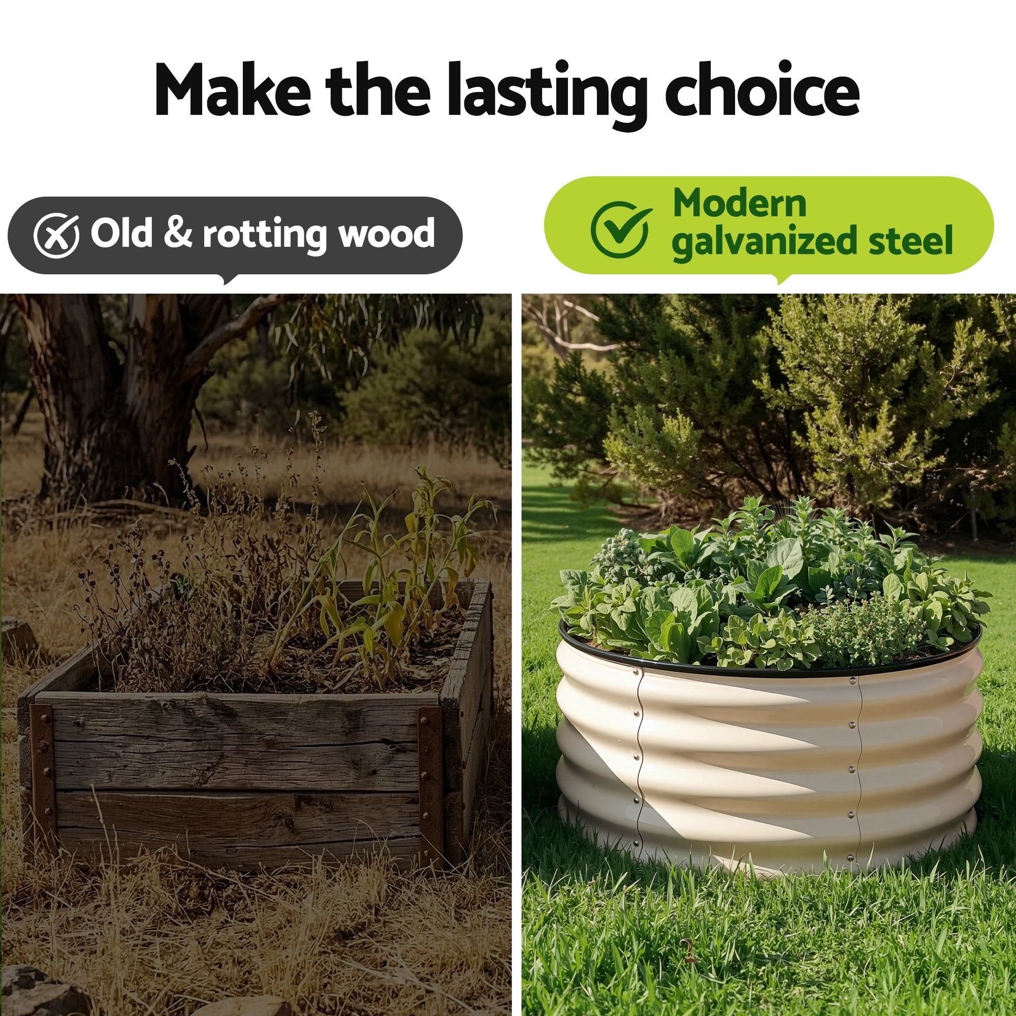 Green Fingers Round Raised Garden Bed 2 Pack Galvanised Planter Box Rust Resistant 60x60x30cm White-Home &amp; Garden > Garden Beds > Garden Beds &amp; Planters-PEROZ Accessories