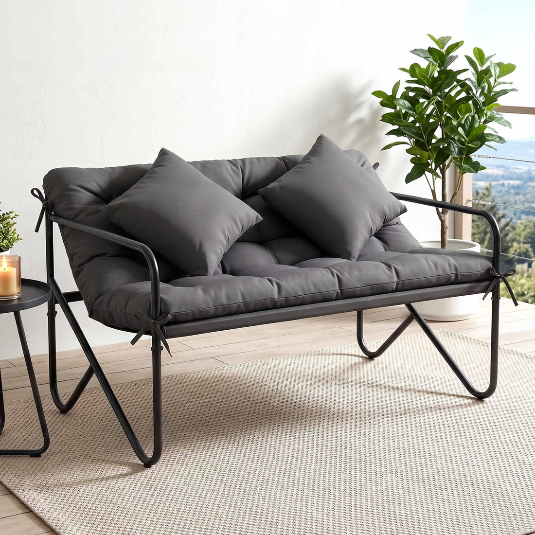 Gardeon Garden Bench 2 Seater Outdoor Bench Metal with Cushion 118cm Black-Furniture > Outdoor > Outdoor Chairs-PEROZ Accessories