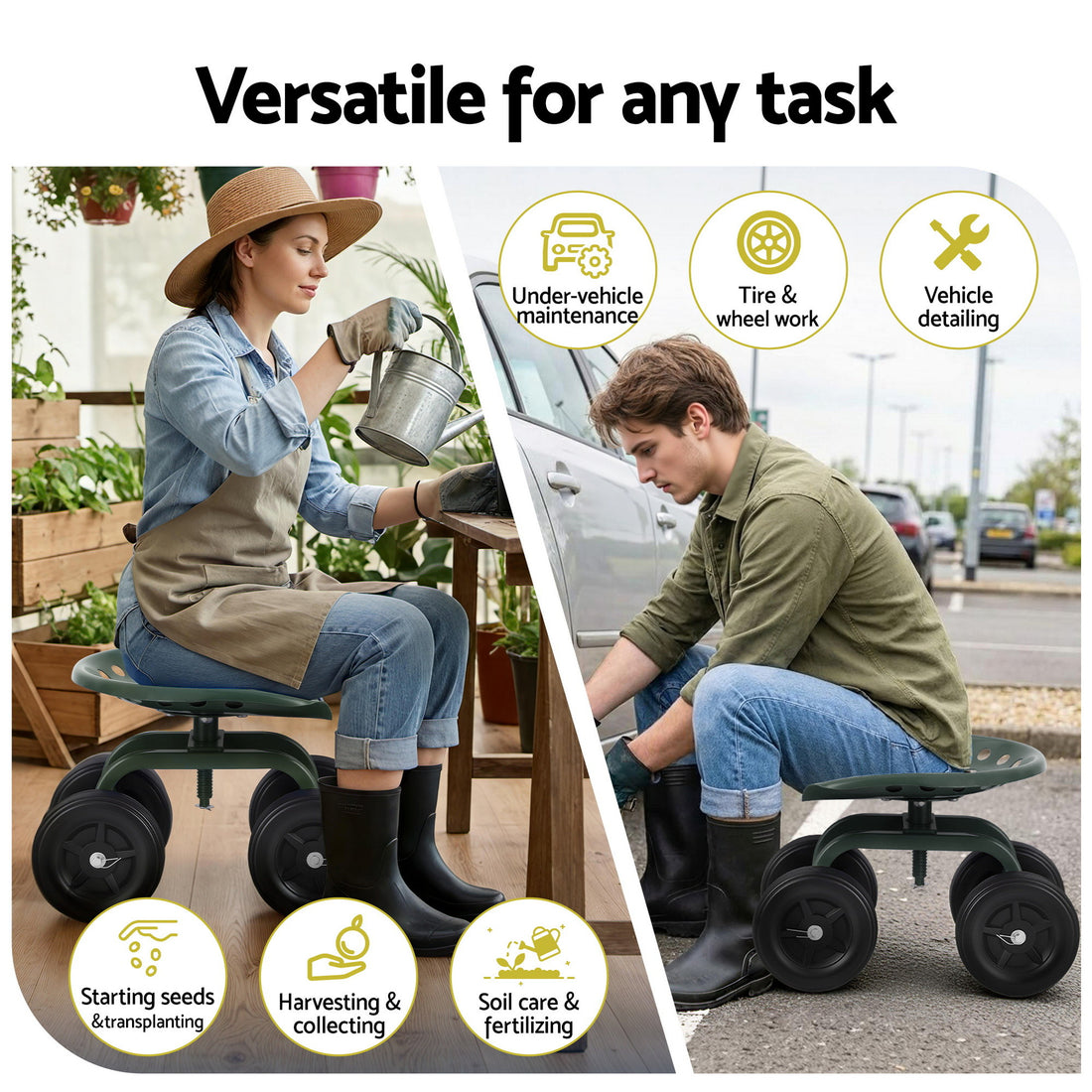 Gardeon Garden Seat 360 Swivel Rolling Adjustable Height Work Scooter Cart Wheels Heavy Duty 150kg-Baby &amp; Kids > Kid&