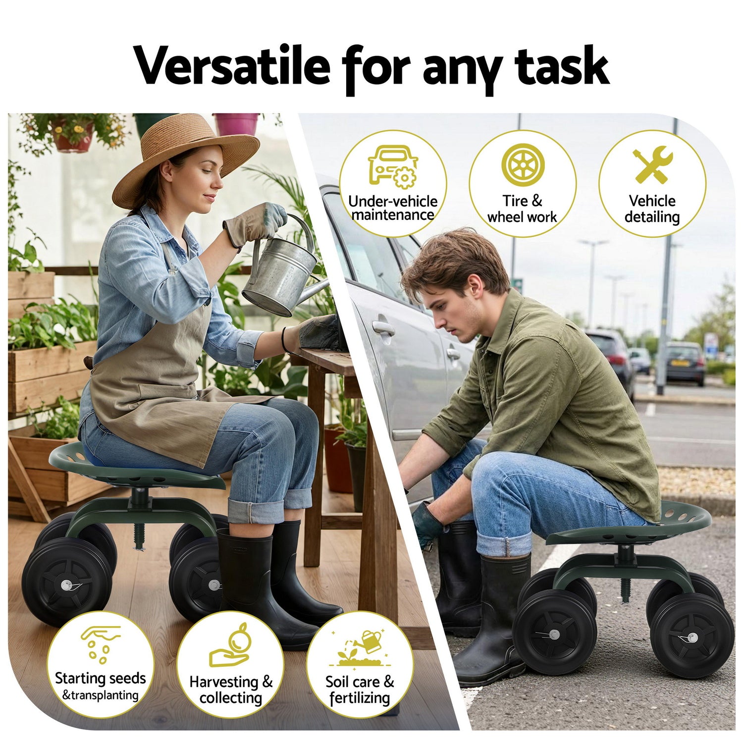 Gardeon Garden Seat 360 Swivel Rolling Adjustable Height Work Scooter Cart Wheels Heavy Duty 150kg-Baby &amp; Kids > Kid&