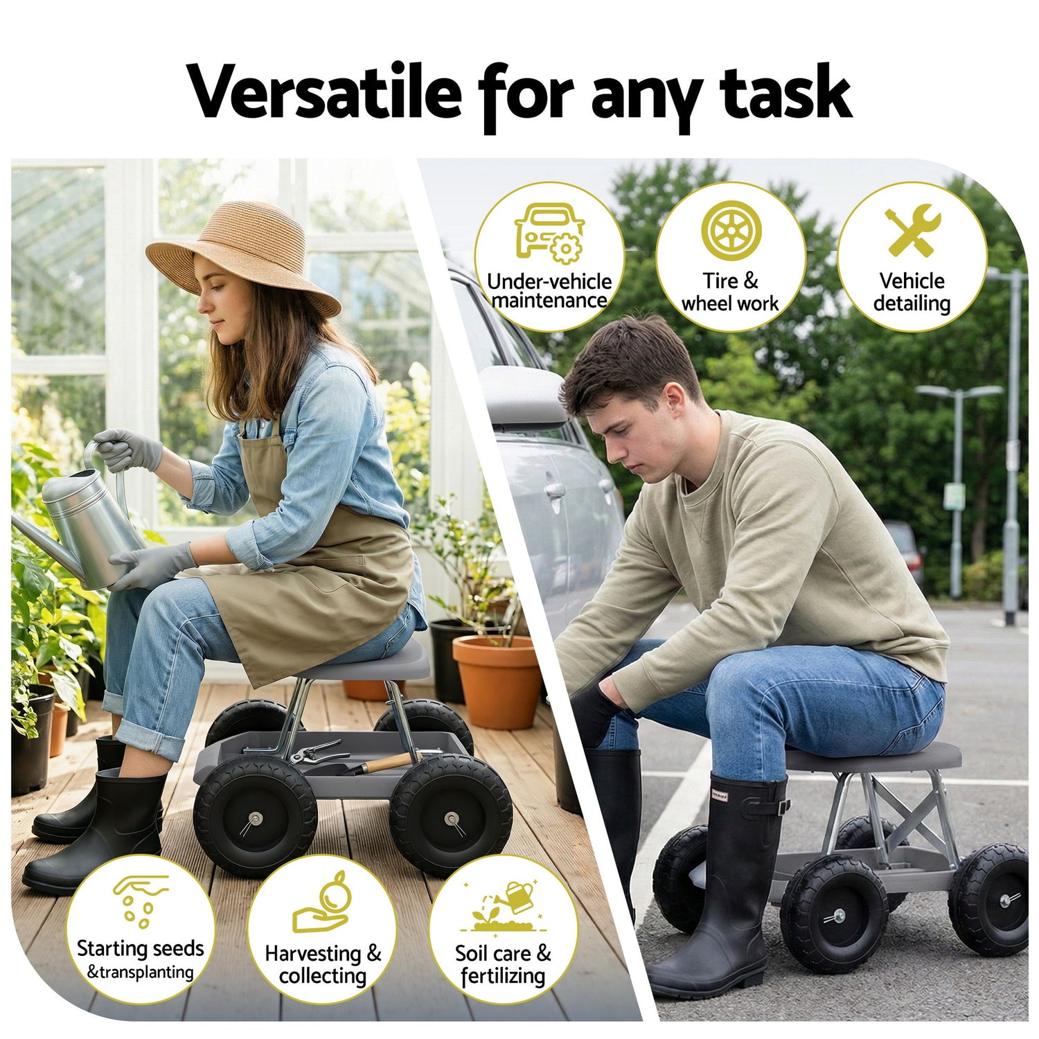 Gardeon Garden Cart Seat with Wheels, Rolling Work Stool with Tool Storage Tray, 440lbs (200kg) Heavy Duty Capacity Garden Stool for Outdoor Yard Work, Car Detailing, and Garage Maintenance, Grey/Black-Baby &amp; Kids > Kid&