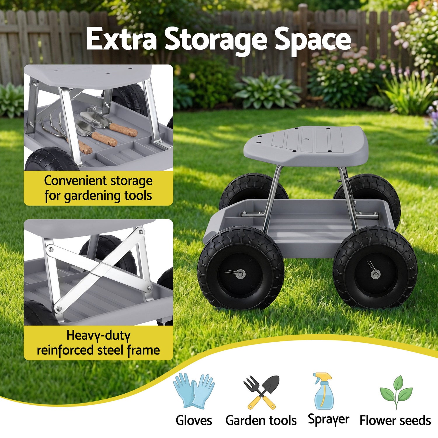 Gardeon Garden Cart Seat with Wheels, Rolling Work Stool with Tool Storage Tray, 440lbs (200kg) Heavy Duty Capacity Garden Stool for Outdoor Yard Work, Car Detailing, and Garage Maintenance, Grey/Black-Baby &amp; Kids > Kid&