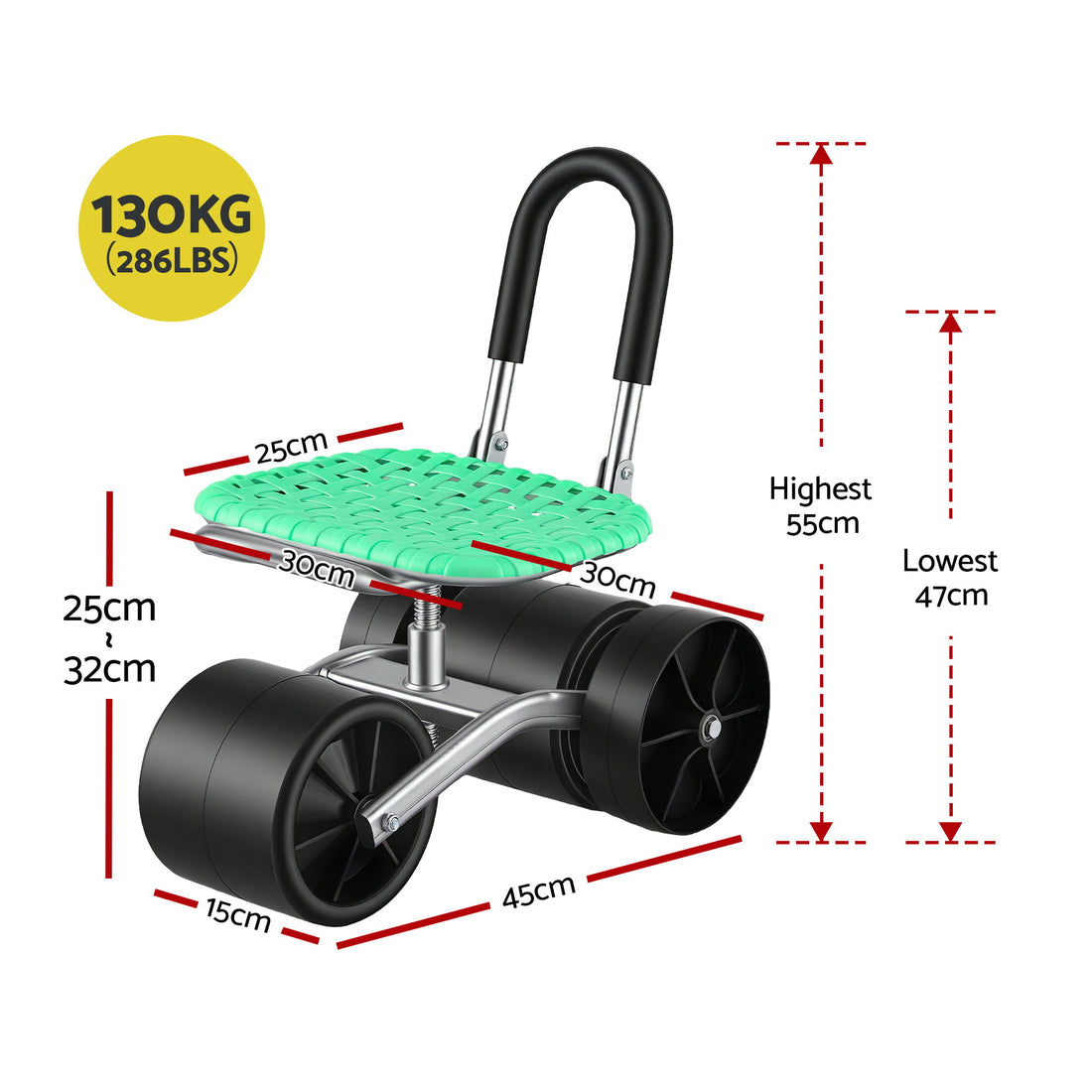 Gardeon Gardening Cart with 360° Swivel Seat | Rolling Work Seat with Adjustable Height &amp; All-Terrain Wheels | 130KG Capacity Heavy Duty Garden Scooter for Back Pain Relief &amp; Vehicle Detailing | Foldable Backrest &amp; Ventilated Seat, Green-Home &amp; Garden > Garden Tools > Gardening Tools-PEROZ Accessories
