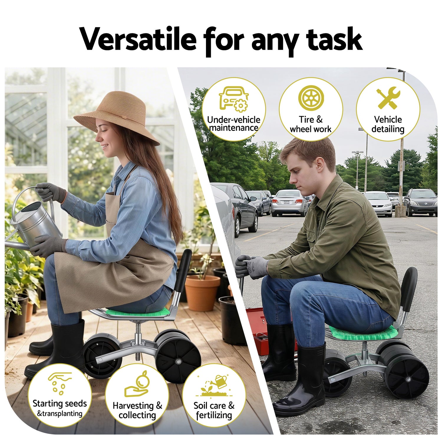 Gardeon Gardening Cart with 360° Swivel Seat | Rolling Work Seat with Adjustable Height &amp; All-Terrain Wheels | 130KG Capacity Heavy Duty Garden Scooter for Back Pain Relief &amp; Vehicle Detailing | Foldable Backrest &amp; Ventilated Seat, Green-Home &amp; Garden > Garden Tools > Gardening Tools-PEROZ Accessories