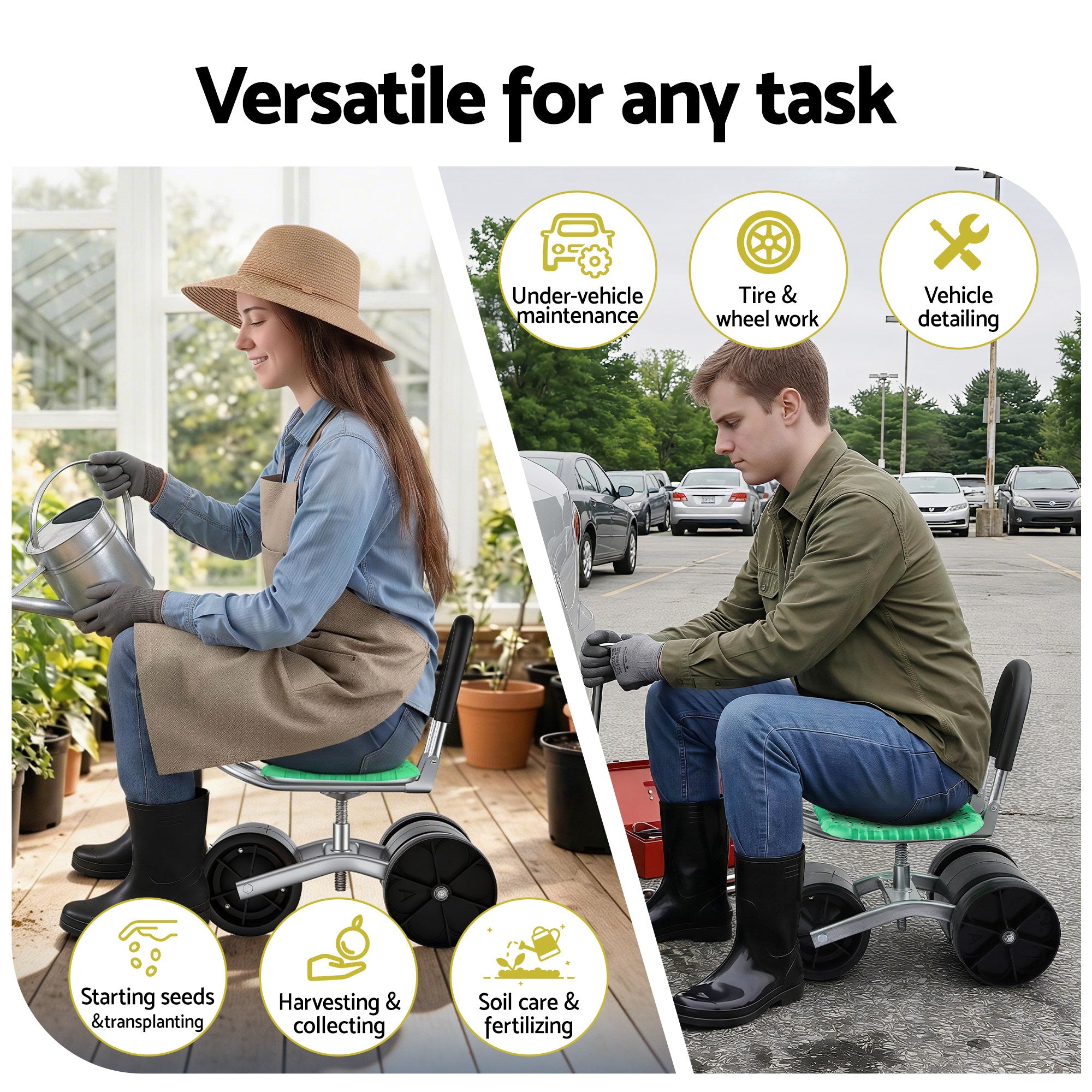 Gardeon Gardening Cart with 360° Swivel Seat | Rolling Work Seat with Adjustable Height &amp; All-Terrain Wheels | 130KG Capacity Heavy Duty Garden Scooter for Back Pain Relief &amp; Vehicle Detailing | Foldable Backrest &amp; Ventilated Seat, Green-Home &amp; Garden > Garden Tools > Gardening Tools-PEROZ Accessories