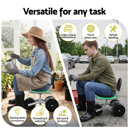 Gardeon Gardening Cart with 360° Swivel Seat | Rolling Work Seat with Adjustable Height &amp; All-Terrain Wheels | 130KG Capacity Heavy Duty Garden Scooter for Back Pain Relief &amp; Vehicle Detailing | Foldable Backrest &amp; Ventilated Seat, Green-Home &amp; Garden > Garden Tools > Gardening Tools-PEROZ Accessories