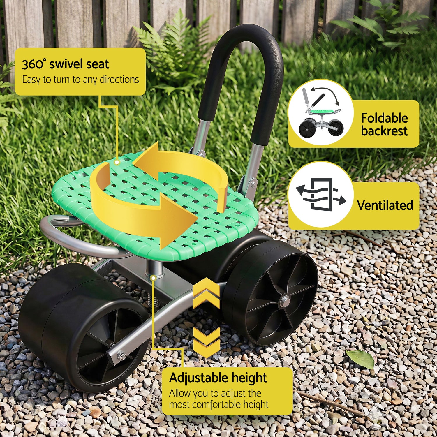 Gardeon Gardening Cart with 360° Swivel Seat | Rolling Work Seat with Adjustable Height &amp; All-Terrain Wheels | 130KG Capacity Heavy Duty Garden Scooter for Back Pain Relief &amp; Vehicle Detailing | Foldable Backrest &amp; Ventilated Seat, Green-Home &amp; Garden > Garden Tools > Gardening Tools-PEROZ Accessories