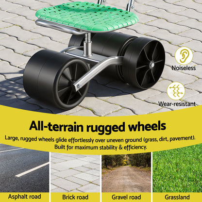 Gardeon Gardening Cart with 360° Swivel Seat | Rolling Work Seat with Adjustable Height &amp; All-Terrain Wheels | 130KG Capacity Heavy Duty Garden Scooter for Back Pain Relief &amp; Vehicle Detailing | Foldable Backrest &amp; Ventilated Seat, Green-Home &amp; Garden > Garden Tools > Gardening Tools-PEROZ Accessories