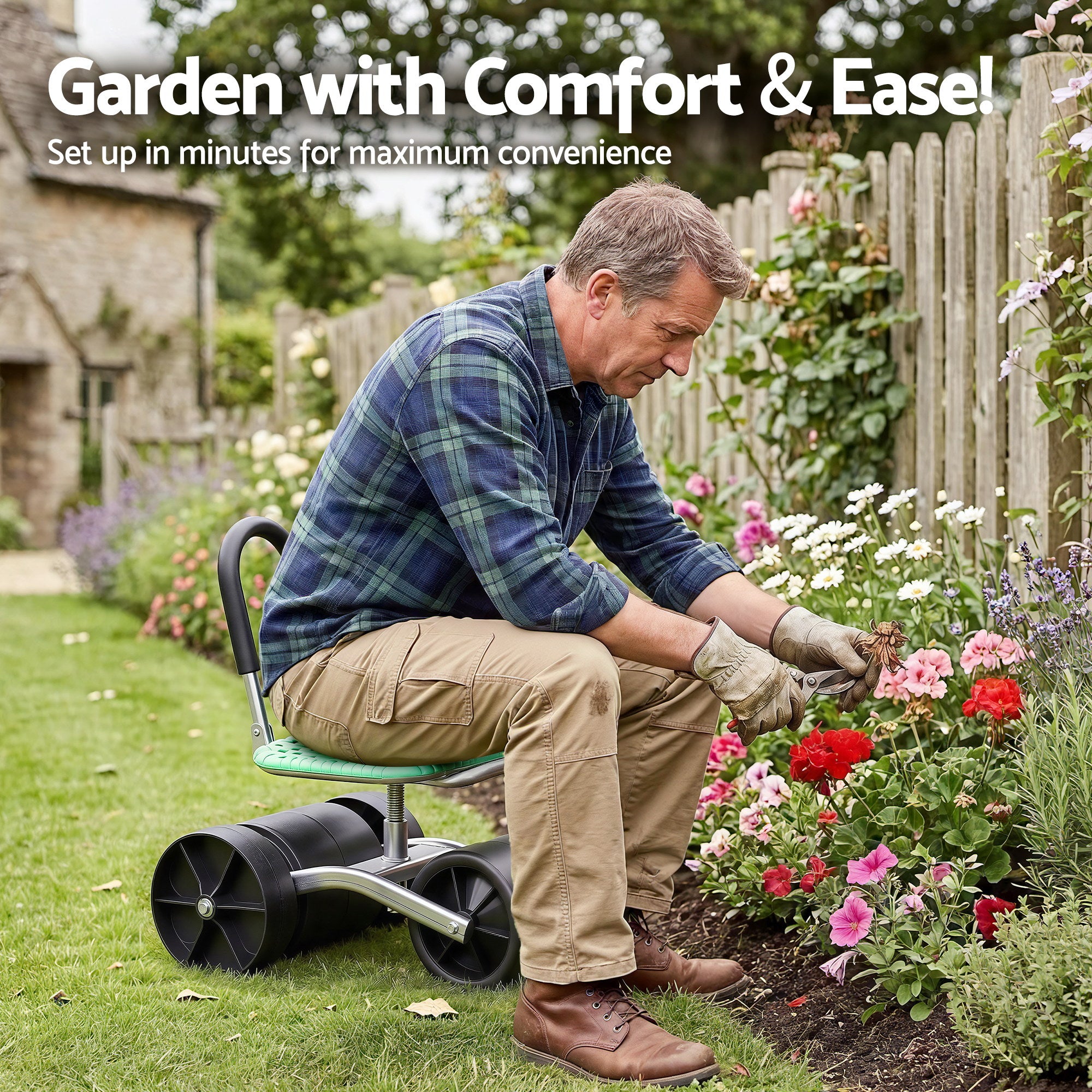 Gardeon Gardening Cart with 360° Swivel Seat | Rolling Work Seat with Adjustable Height &amp; All-Terrain Wheels | 130KG Capacity Heavy Duty Garden Scooter for Back Pain Relief &amp; Vehicle Detailing | Foldable Backrest &amp; Ventilated Seat, Green-Home &amp; Garden > Garden Tools > Gardening Tools-PEROZ Accessories