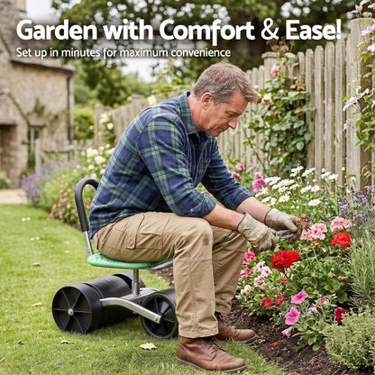 Gardeon Gardening Cart with 360° Swivel Seat | Rolling Work Seat with Adjustable Height &amp; All-Terrain Wheels | 130KG Capacity Heavy Duty Garden Scooter for Back Pain Relief &amp; Vehicle Detailing | Foldable Backrest &amp; Ventilated Seat, Green-Home &amp; Garden > Garden Tools > Gardening Tools-PEROZ Accessories