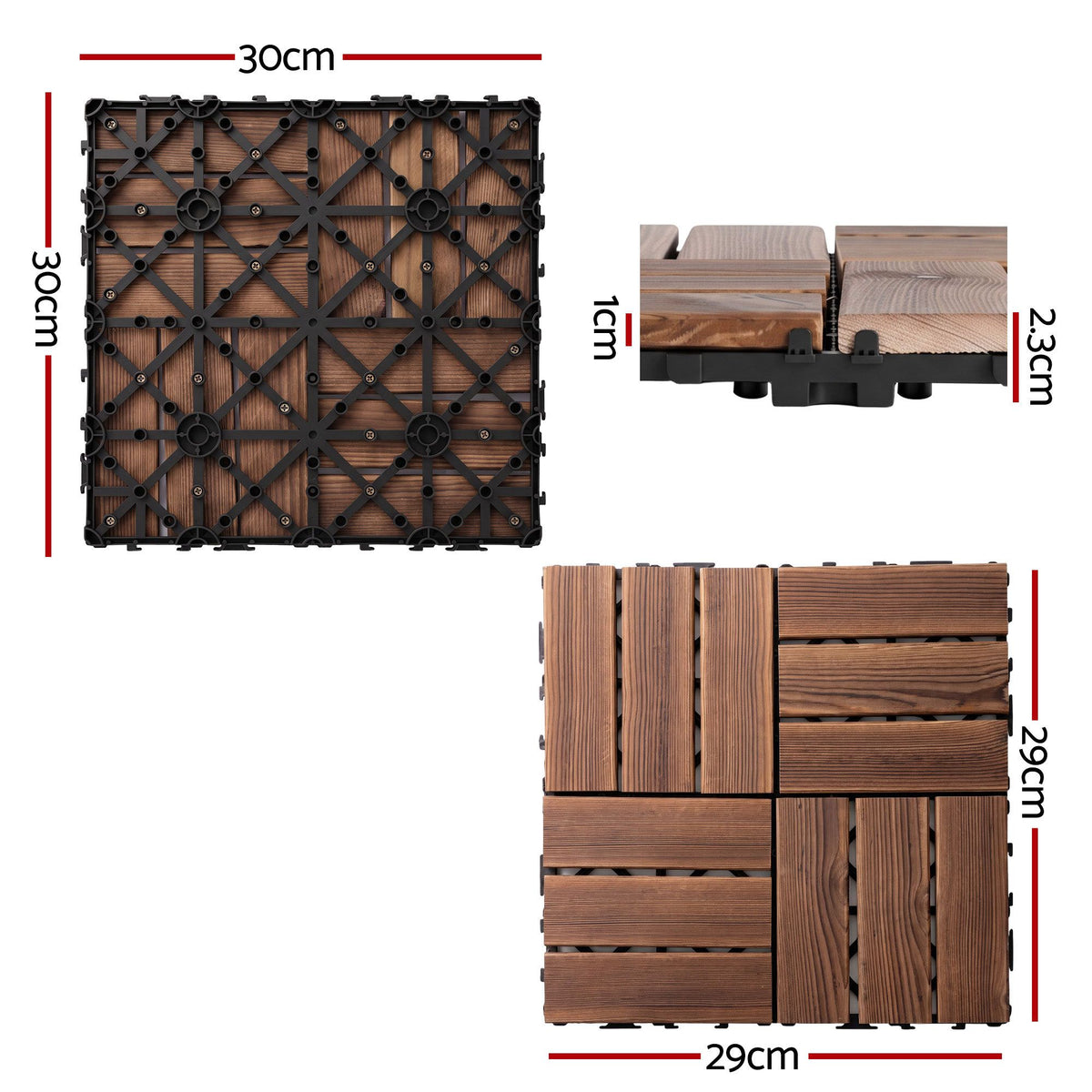 Gardeon 27PCS Wood Deck Tiles 30x30cm Interlocking Floor Tiles Pine Brown-Home &amp; Garden > DIY > Flooring-PEROZ Accessories