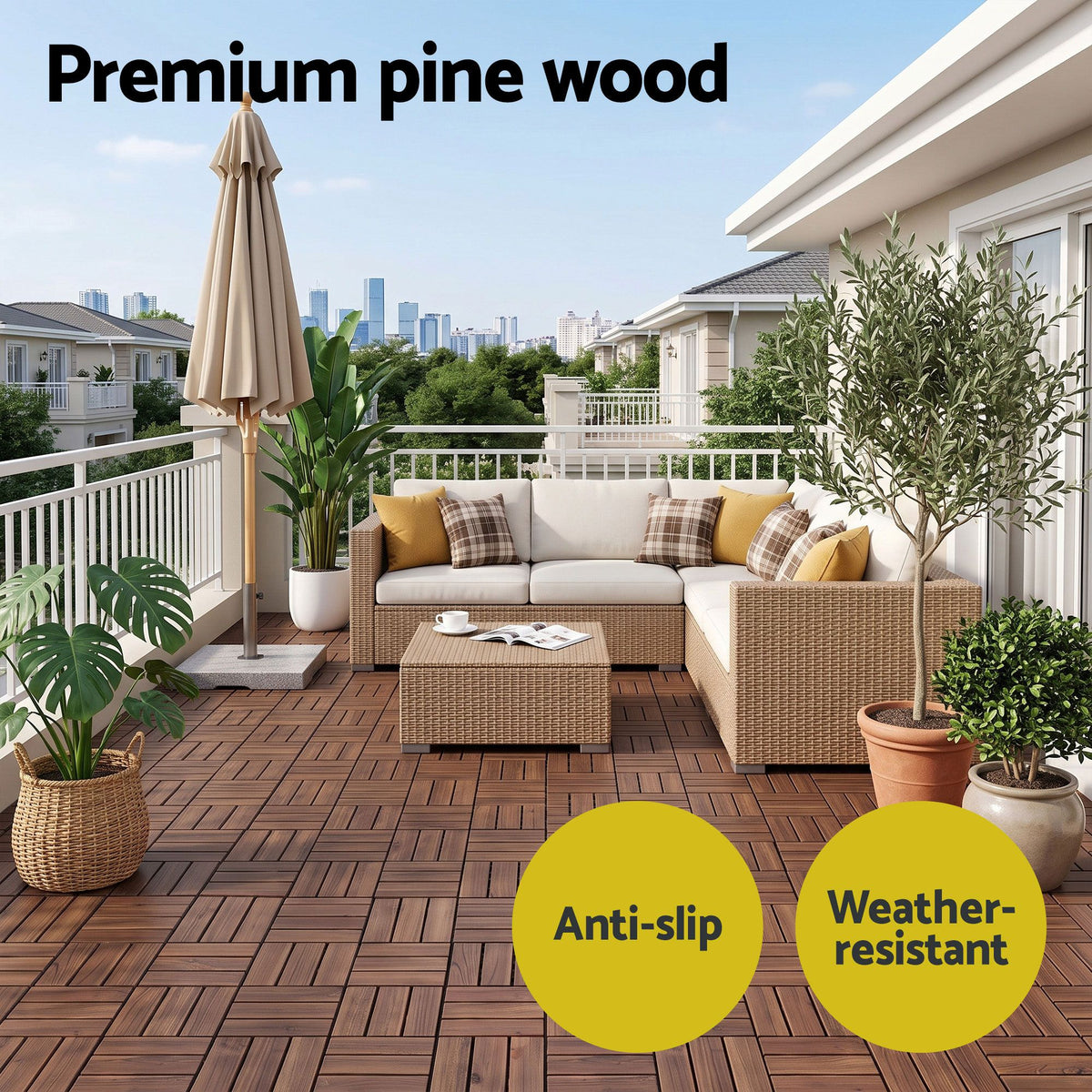 Gardeon 27PCS Wood Deck Tiles 30x30cm Interlocking Floor Tiles Pine Brown-Home &amp; Garden > DIY > Flooring-PEROZ Accessories
